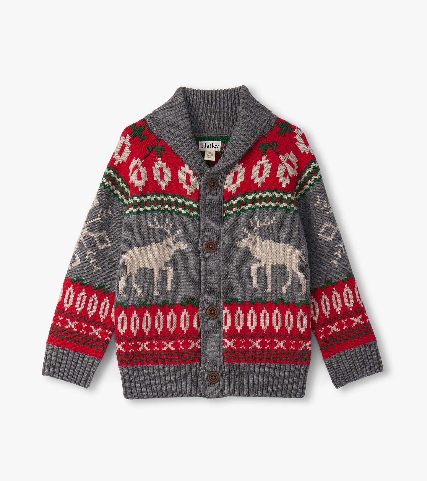 Gray cardigan with elk and snowflake patterns, featuring a shawl collar and button closure, suitable for winter wear.
