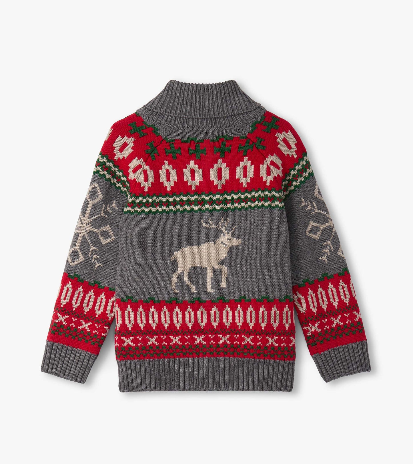 Gray cardigan with a shawl collar, featuring a festive elk design and red, green, and white patterns.