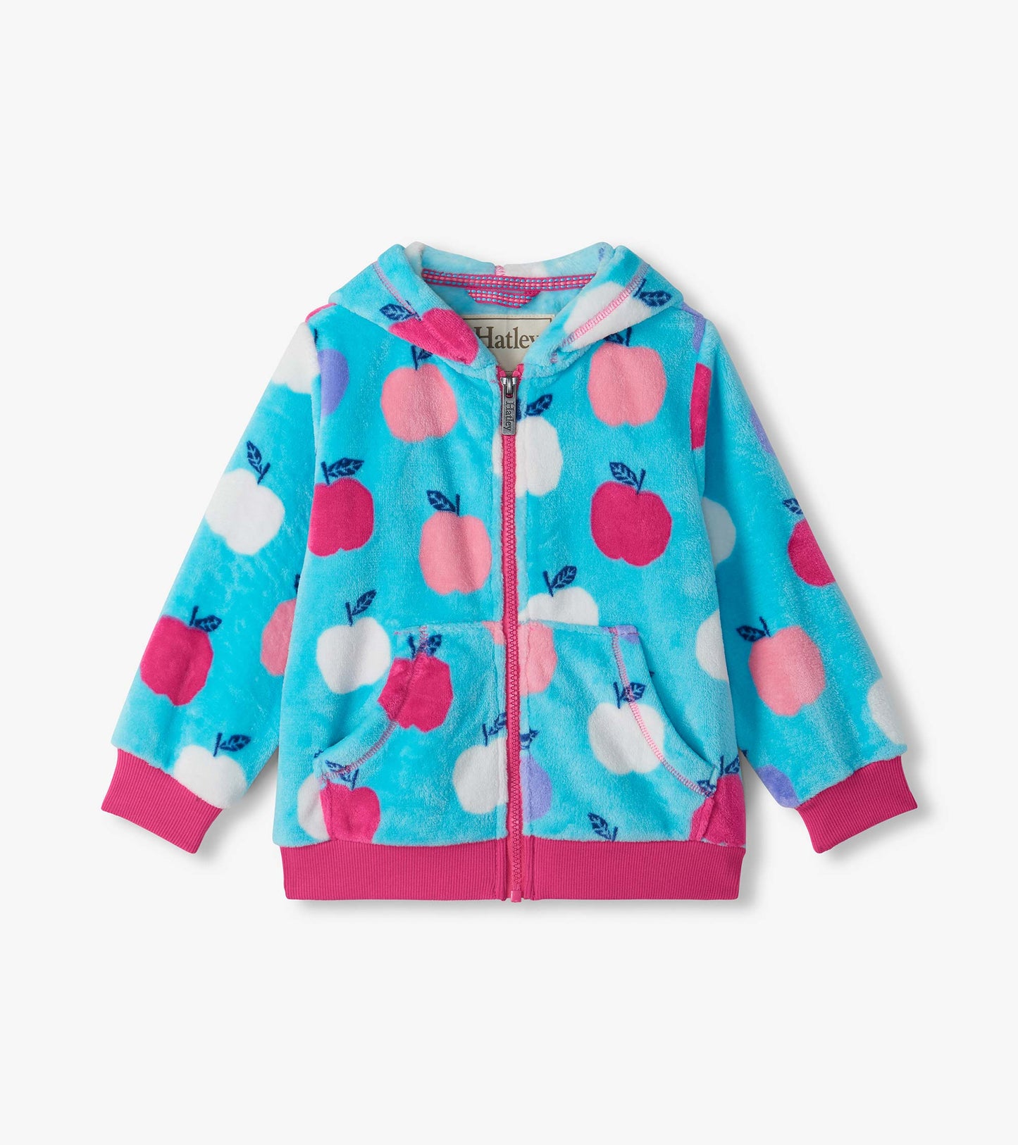 Kids zip-up hoodie in aqua with pink, white, and lavender apple print, hood, front pockets, and pink trim