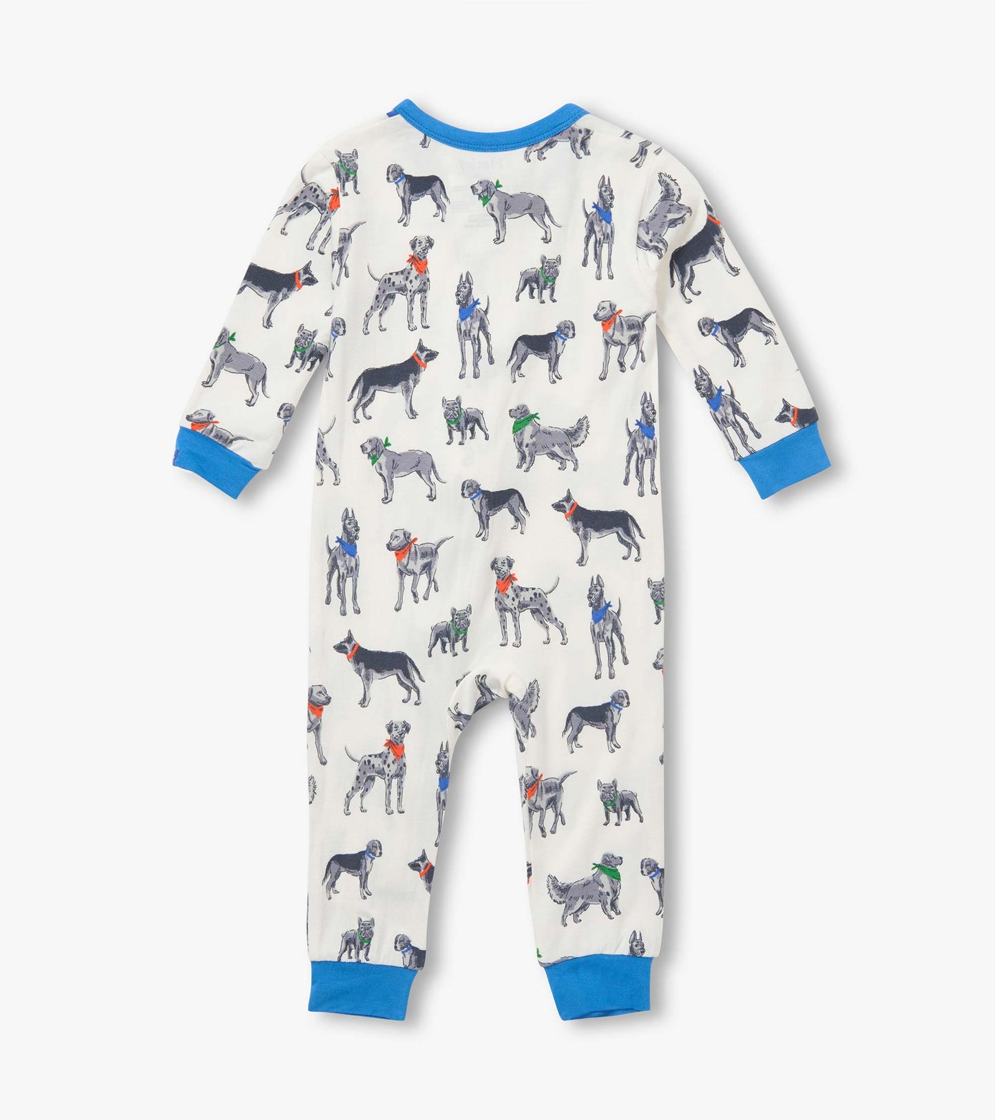 Back view of infant coverall with dog print and blue trim at the neck, cuffs, and ankle cuffs