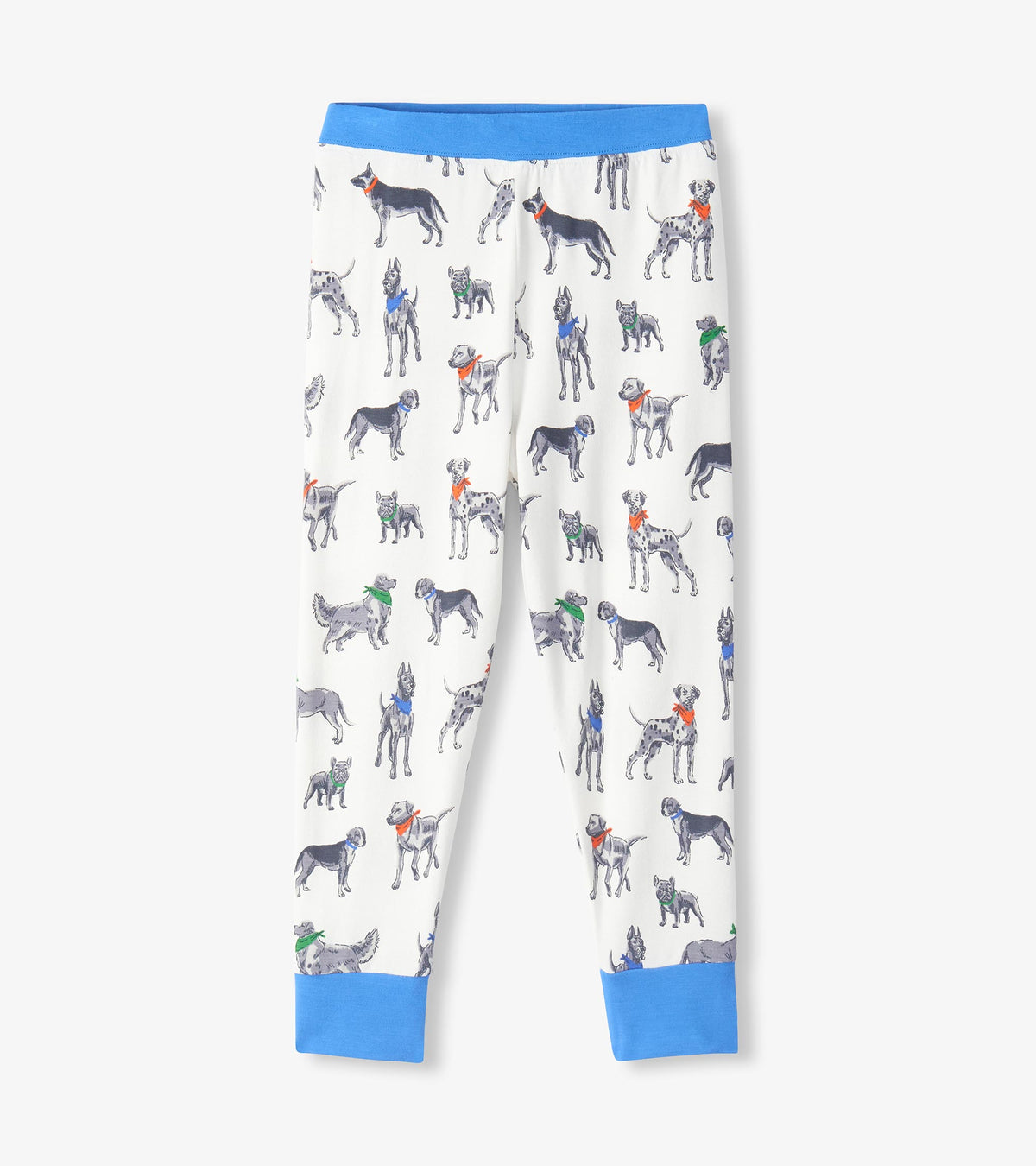 Pajama pants in white with grey dog print, colorful bandanas, bright blue waistband, and matching ankle cuffs