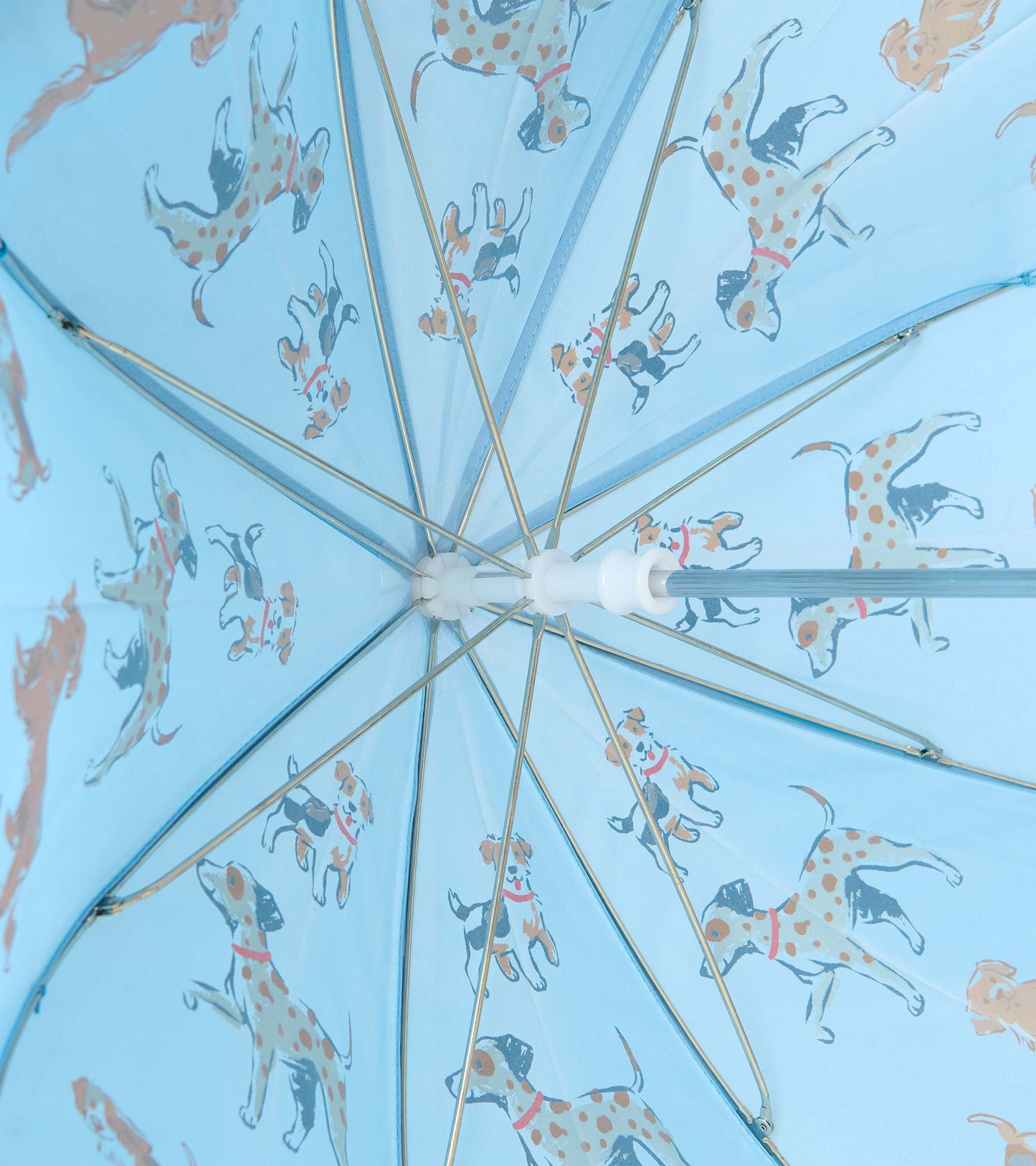Interior view of blue umbrella showing metal ribs and dog print on the underside