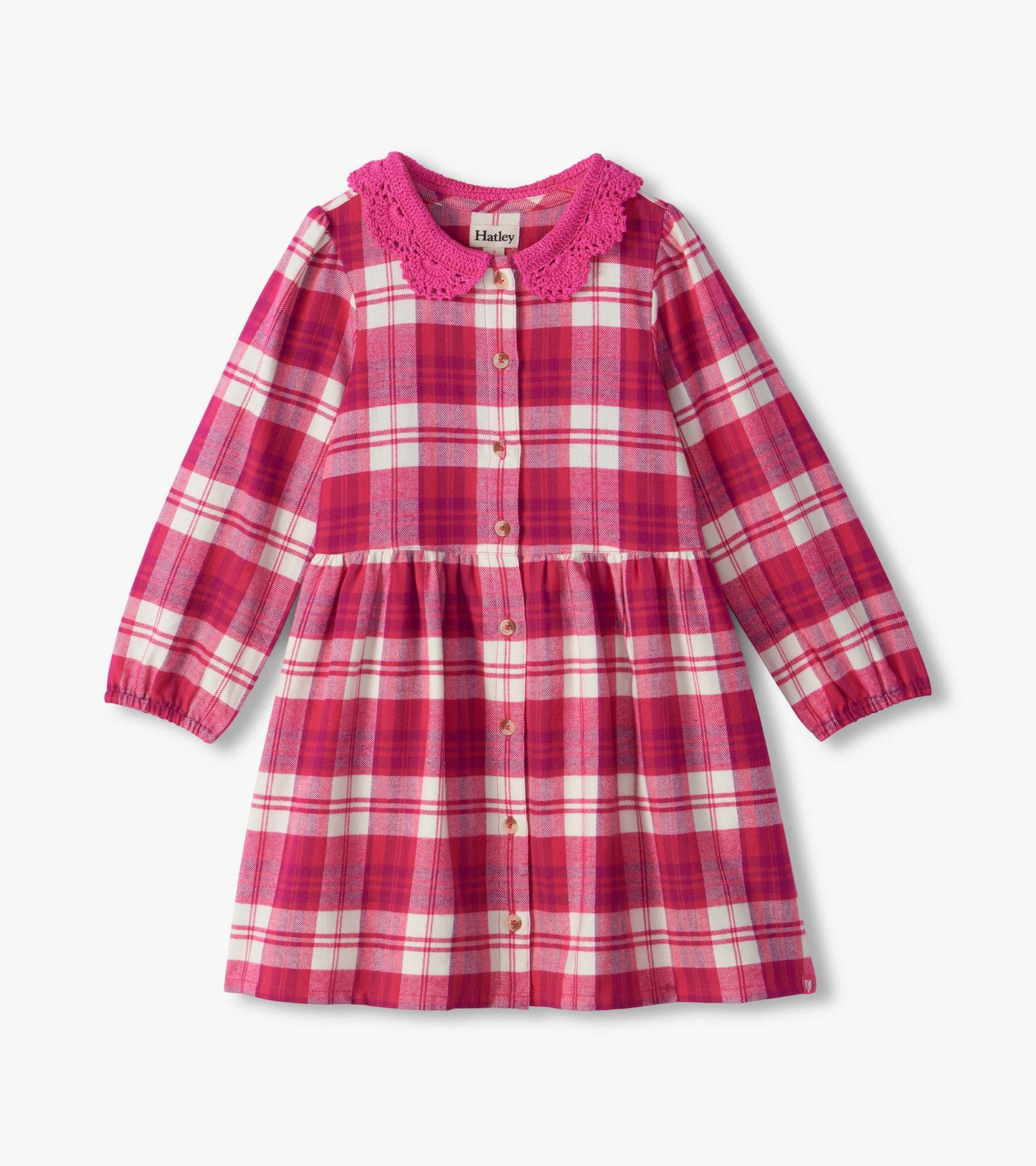 Kids pink and white plaid button-front dress with long sleeves and a bright pink scalloped collar