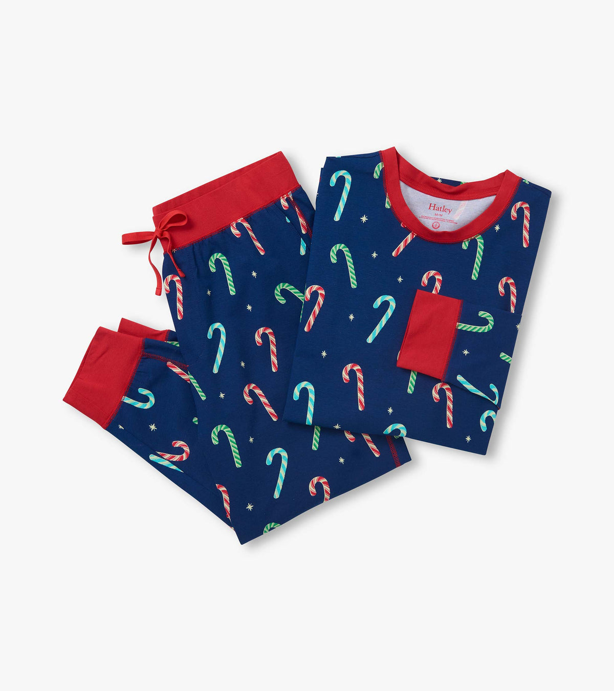 Blue pajama set with multicolor candy cane print, red trim, and drawstring waistband