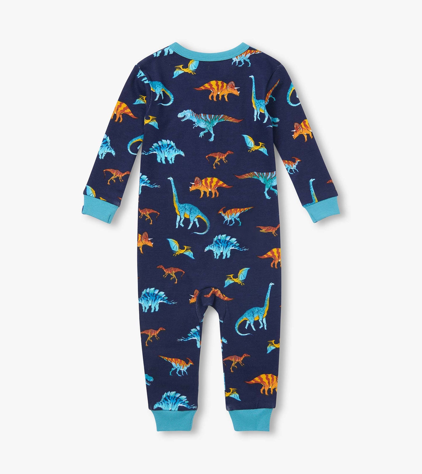 Back view of infant coverall in navy with colorful dinosaur print and teal cuffs