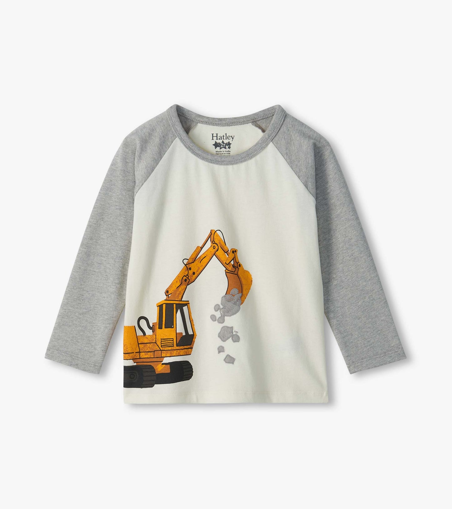 Kids raglan sleeve tee with heather gray sleeves and an orange digger graphic on the front