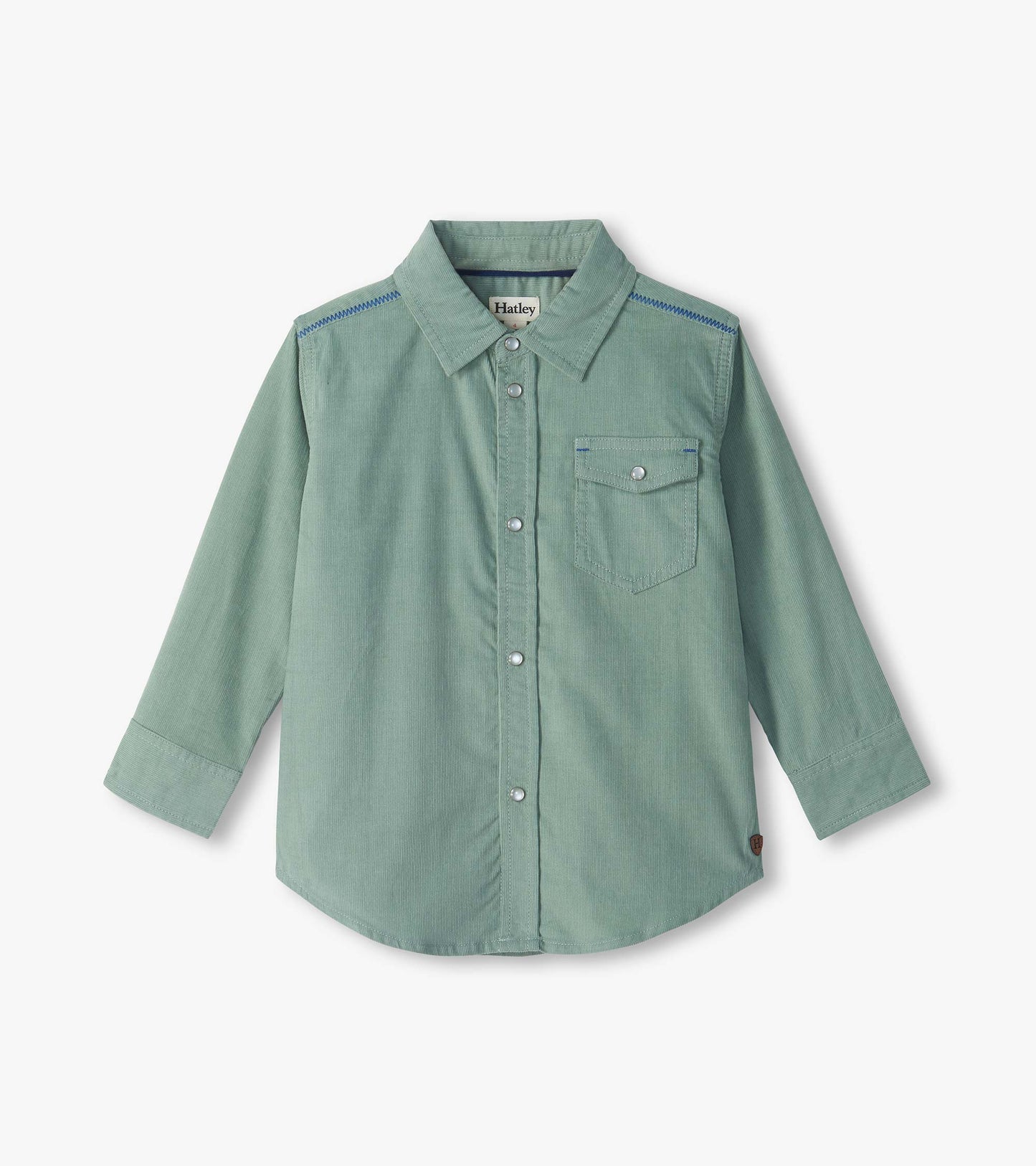 Green long sleeve button-down shirt with snap buttons, pointed collar, and flap chest pocket