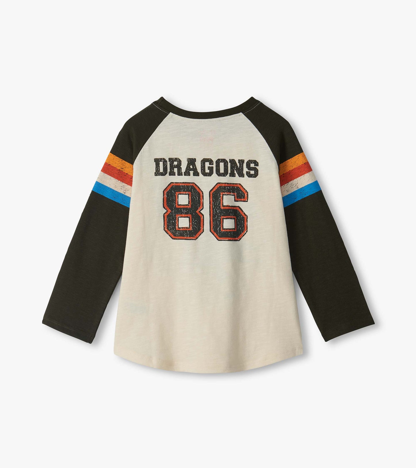 Back of kids raglan tee in cream and black with striped sleeves and Dragons 86 graphic