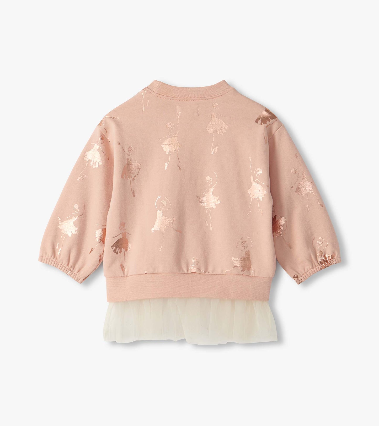 Back view of blush pink long sleeve top with foil ballerina print and cream tulle hem