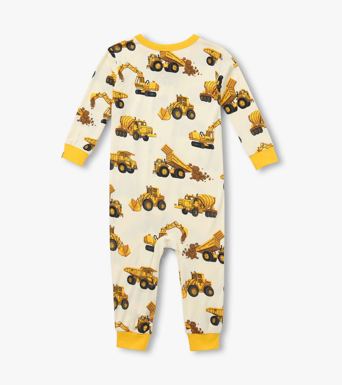 Back view of baby footless sleeper in cream with yellow construction truck print and yellow cuffs