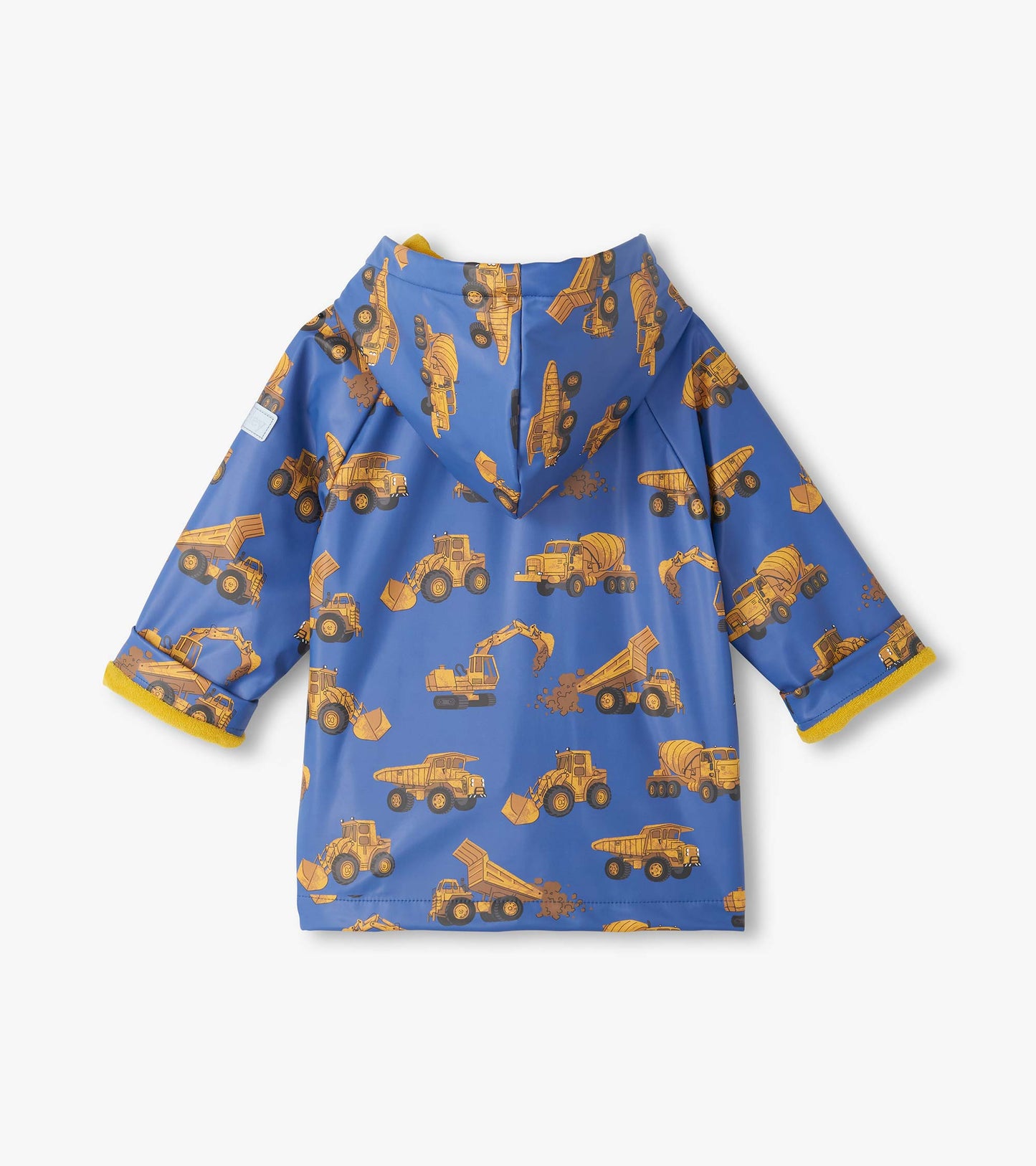 Back view of blue hooded rain coat with yellow lining and allover construction truck print