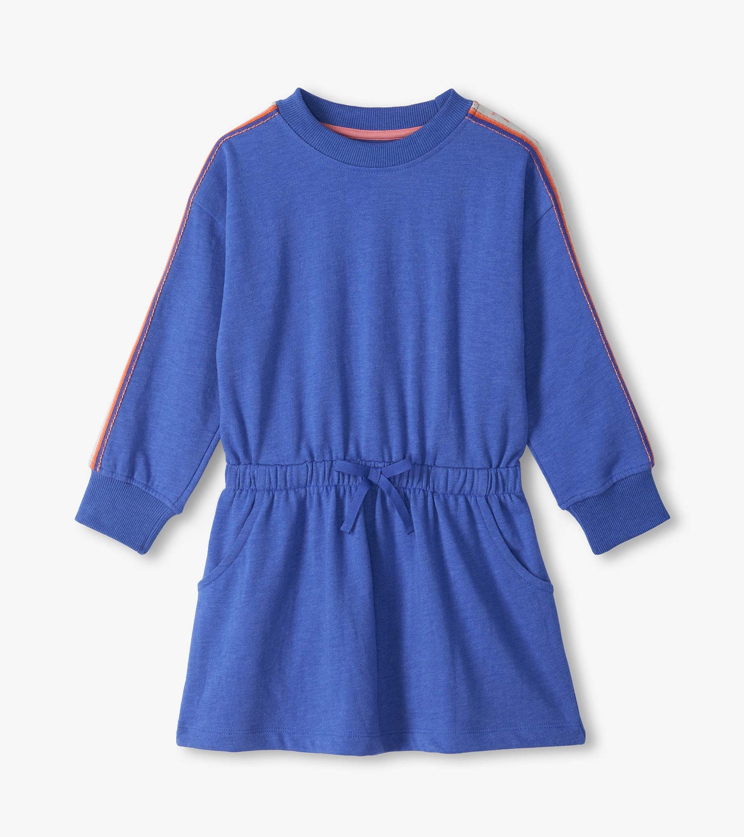 Blue long sleeve girls dress with striped ribbon shoulder detail, elastic drawstring waist, and front pockets