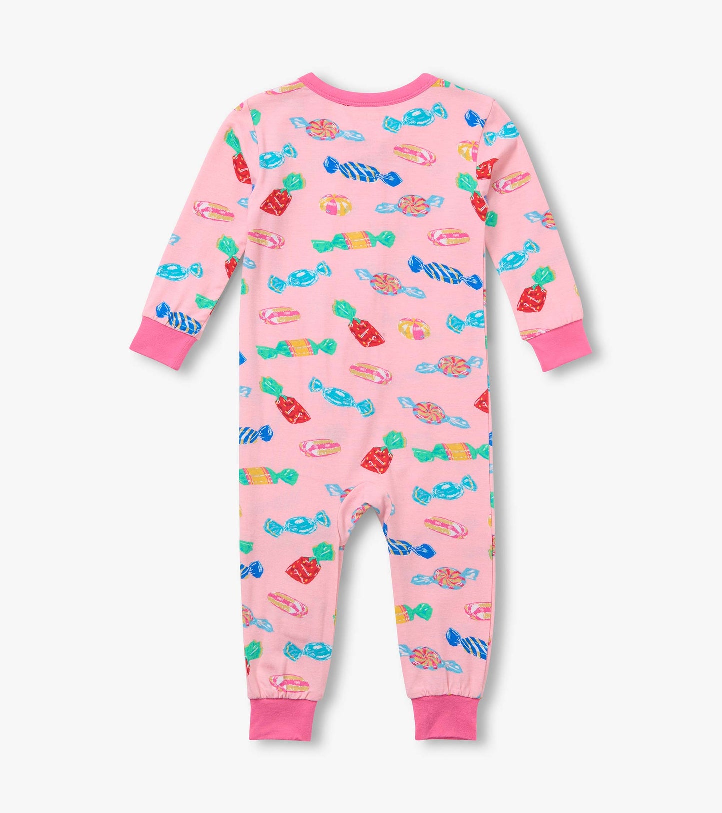 Back view of pink infant coverall with colorful candy print and darker pink cuffs