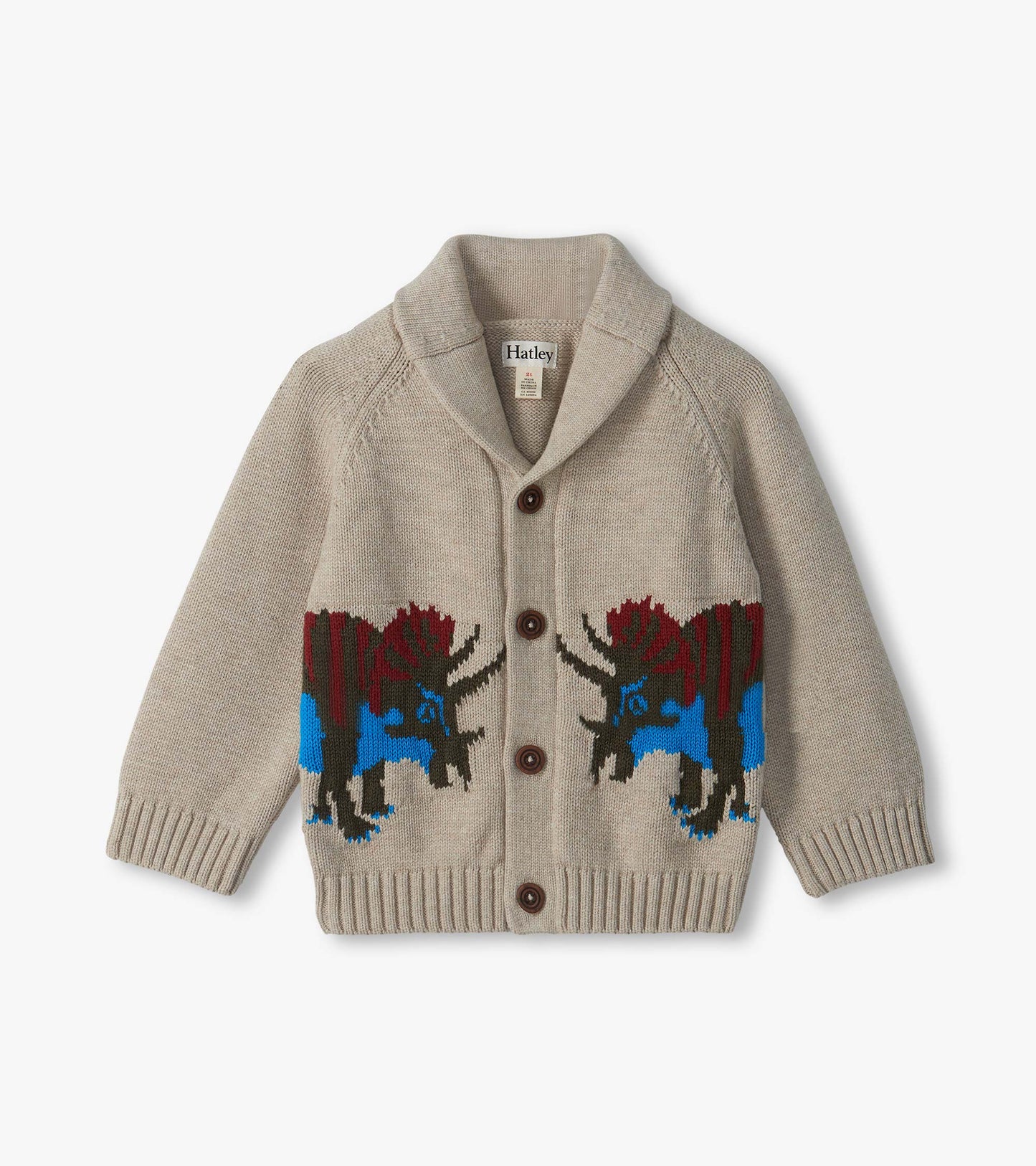 Beige shawl collar cardigan with brown buttons and blue and red dinosaur knit pattern