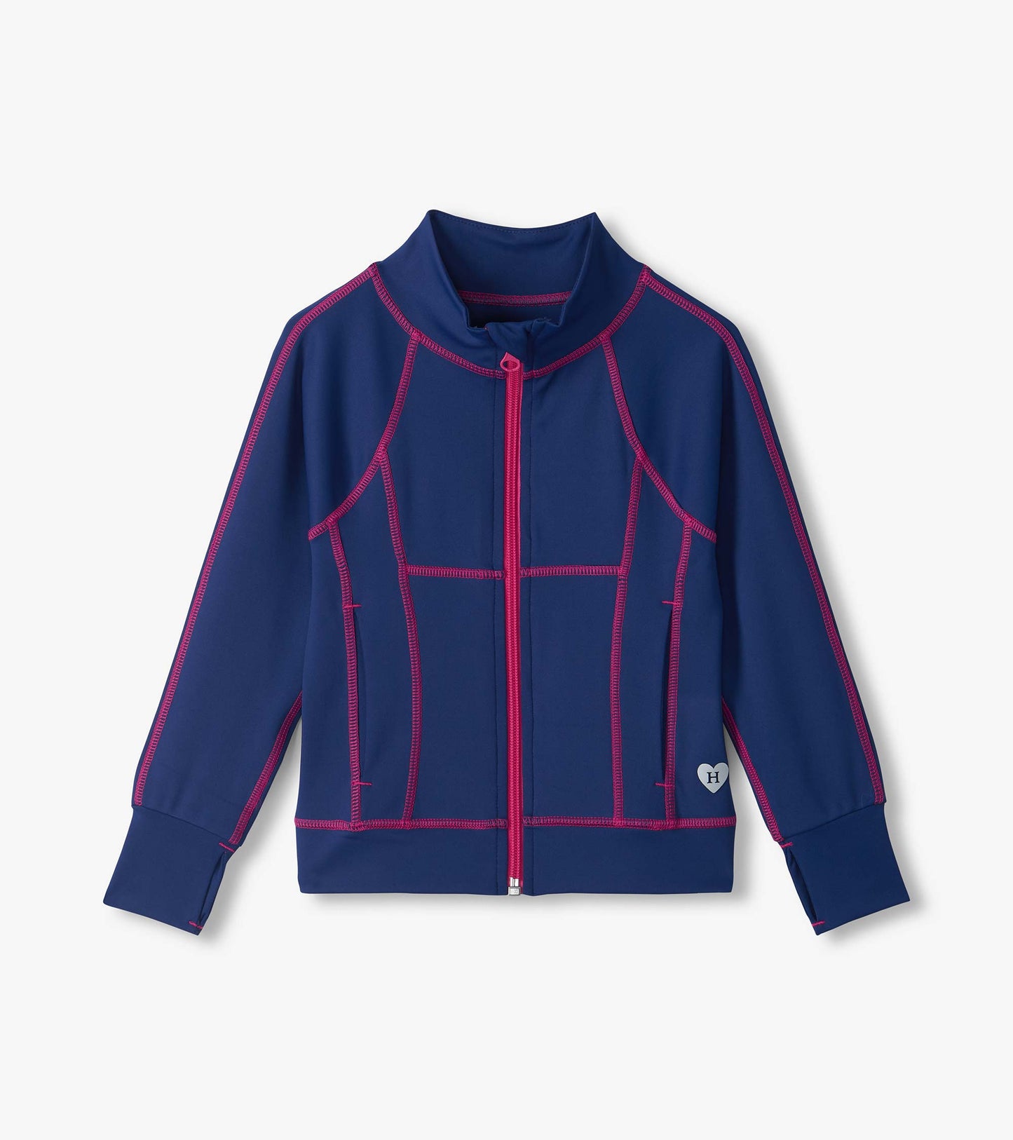 Estate Blue Active Jacket in navy with pink contrast stitching, full zip front, stand collar, and long sleeves