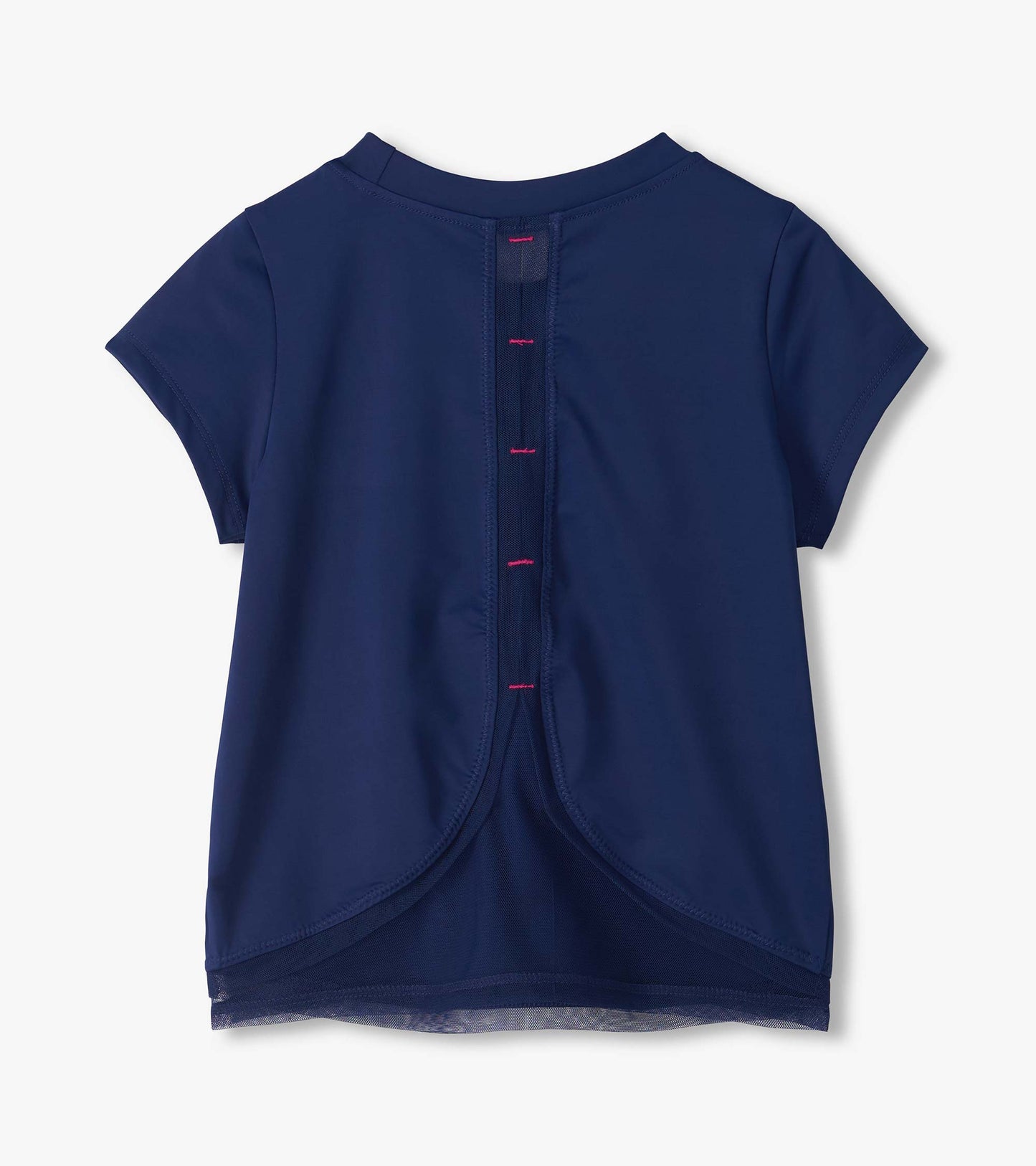 Back view of estate blue short sleeve tee with center mesh panel and curved split back detail