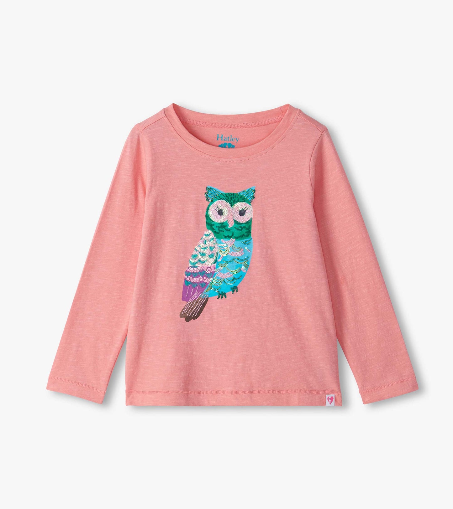 Girls pink long sleeve tee with multicolored owl graphic on the front