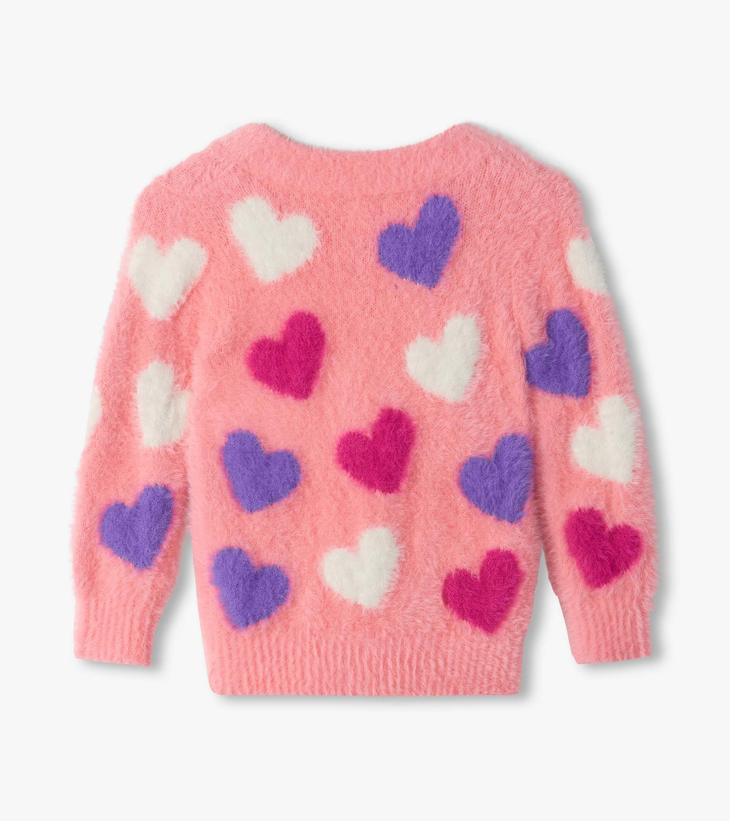 Back view of pink fuzzy cardigan with white, purple, and magenta heart pattern