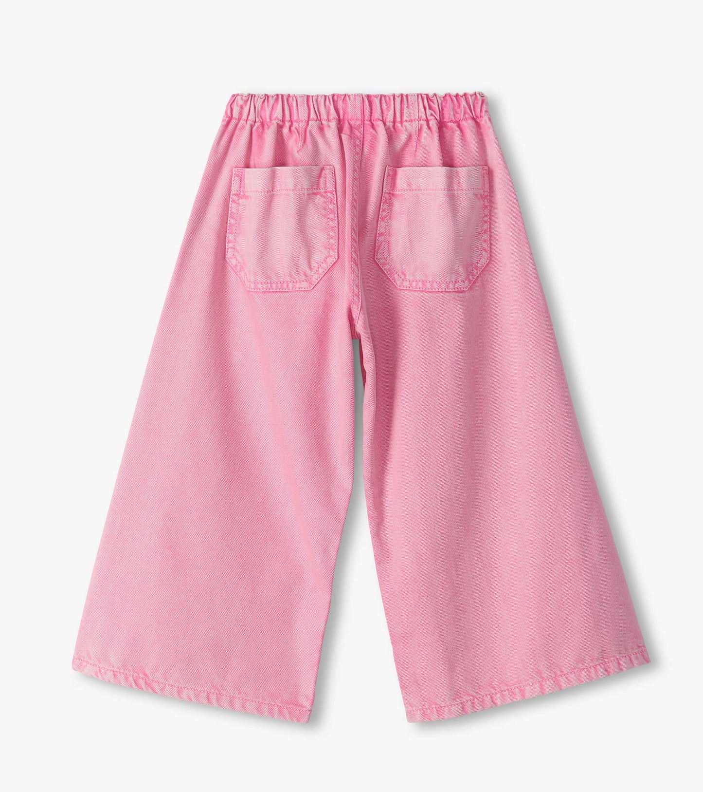 Back view of flamingo pink wide leg jeans with elastic waist and two back patch pockets