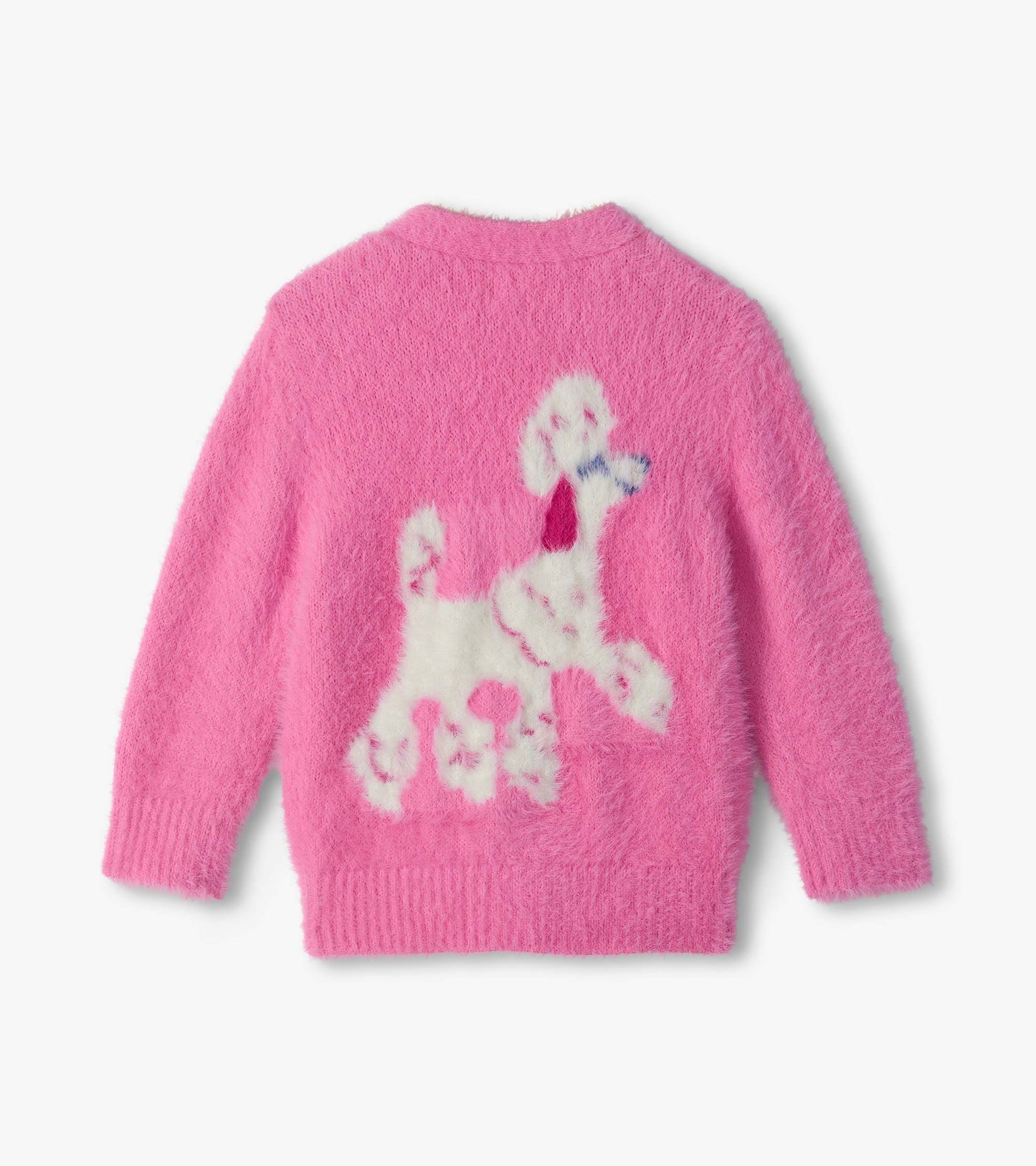 Back view of bright pink fuzzy cardigan with large white poodle graphic and ribbed hem