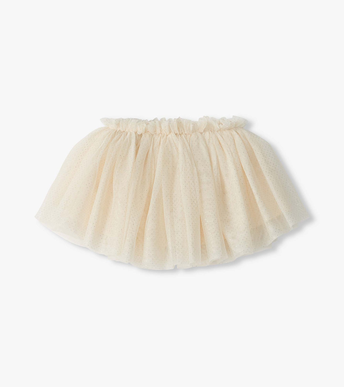 Close-up of the Gardenia Puffy Tutu in cream with glitter tulle and a ruffled elastic waistband
