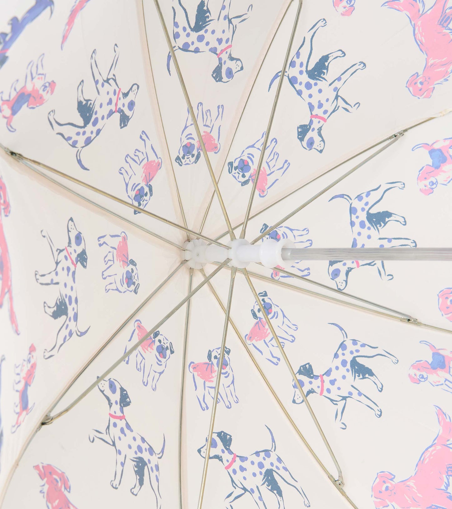 Interior view of clear umbrella showing metal ribs and colorful dog print