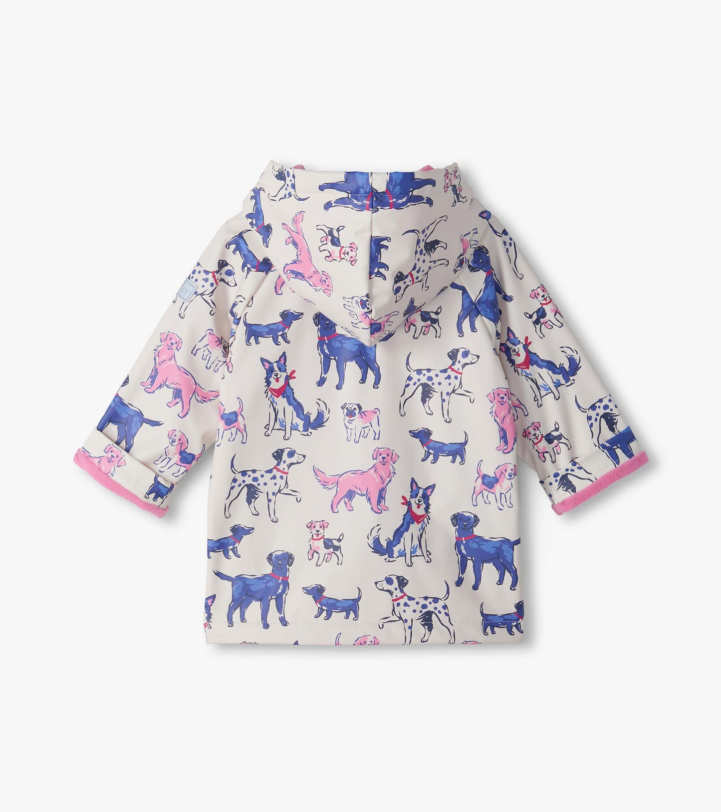 Back view of infant hooded rain coat with blue and pink dog print and pink lining at the cuffs