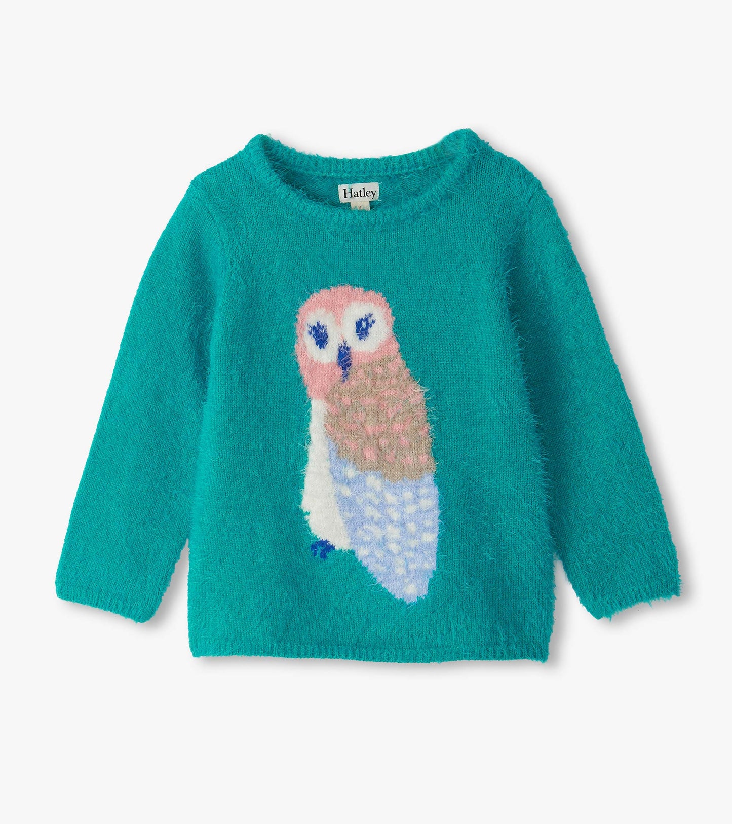 Teal fuzzy long-sleeve sweater with a large pink, white, tan, and blue owl on the front