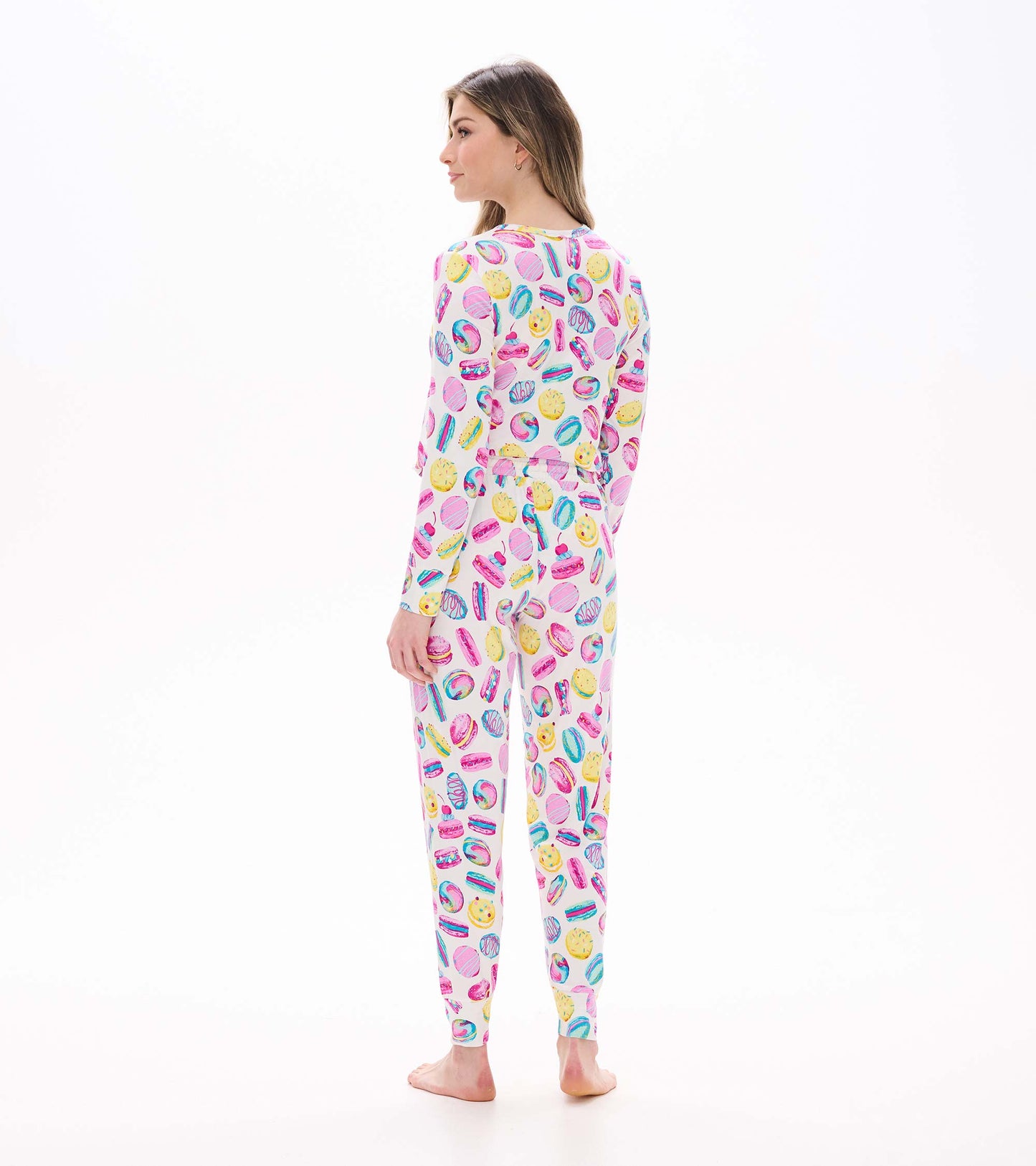 Women's pajama set with colorful macaron and dessert print, back and side view with long sleeves