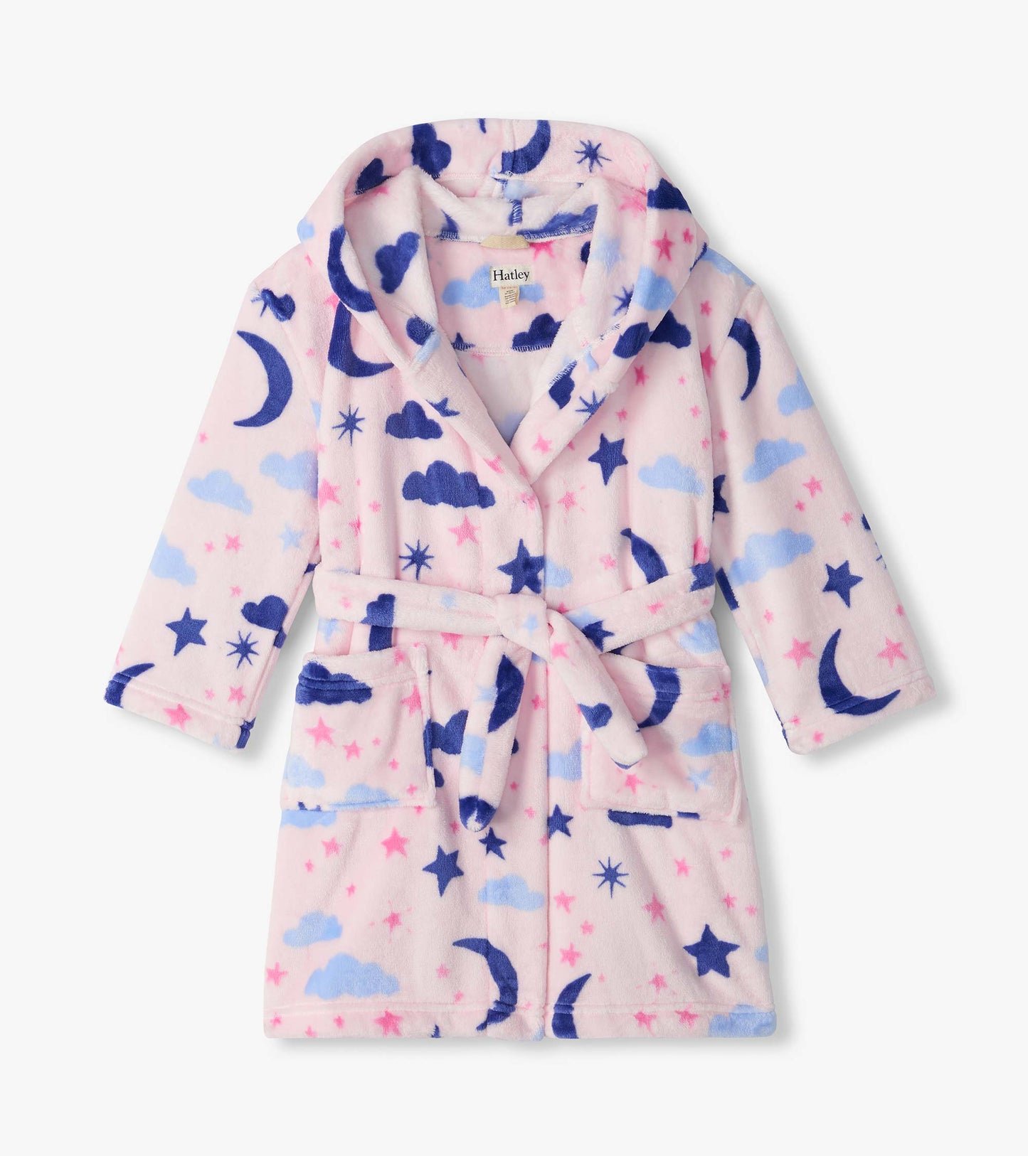 Kids pink robe with blue moons, stars and clouds, shawl collar, tie belt and front patch pockets