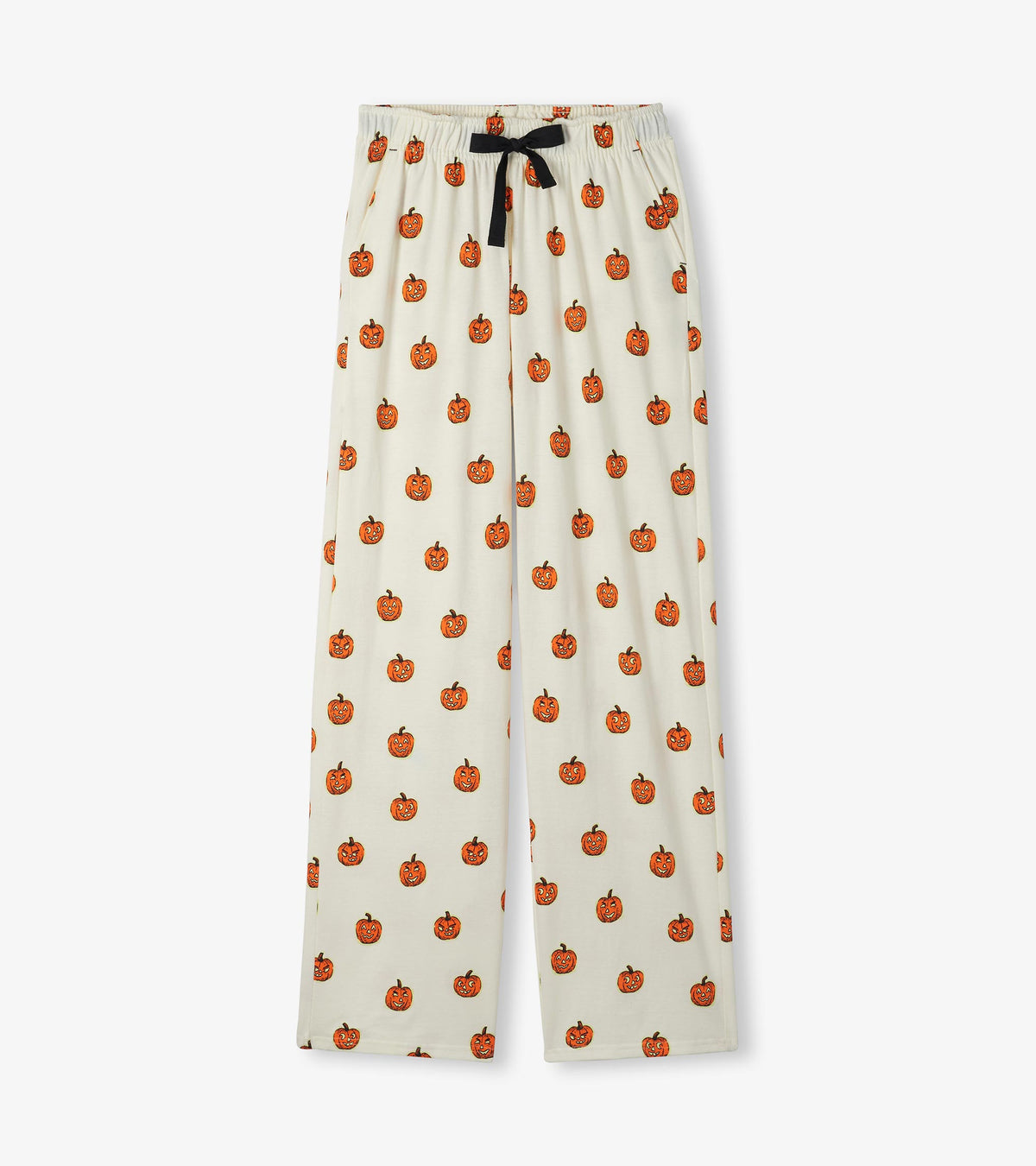 Cream wide-leg pajama pants with orange jack-o'-lantern print and black drawstring waist
