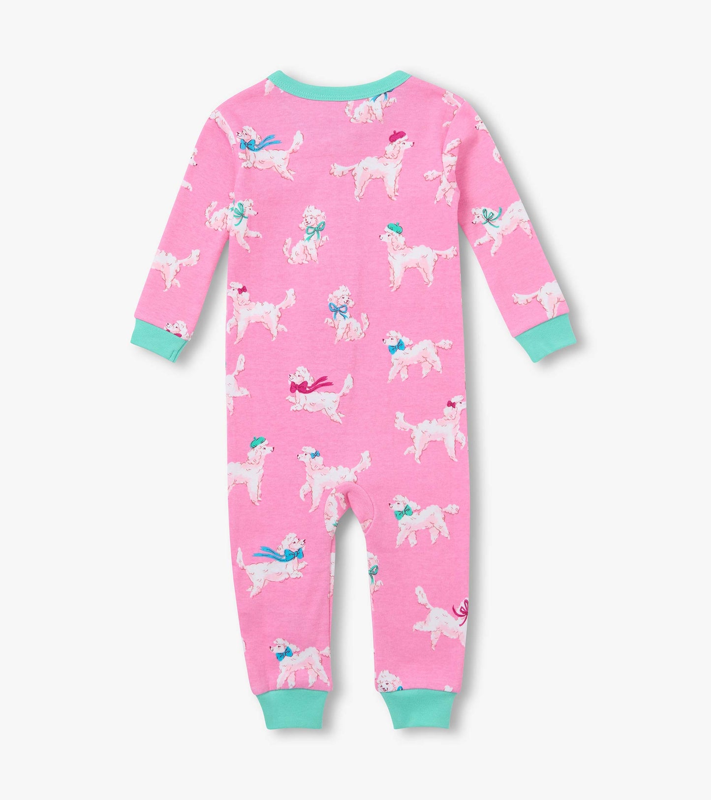Back view of pink infant coverall with white poodle print, long sleeves, and teal cuffs