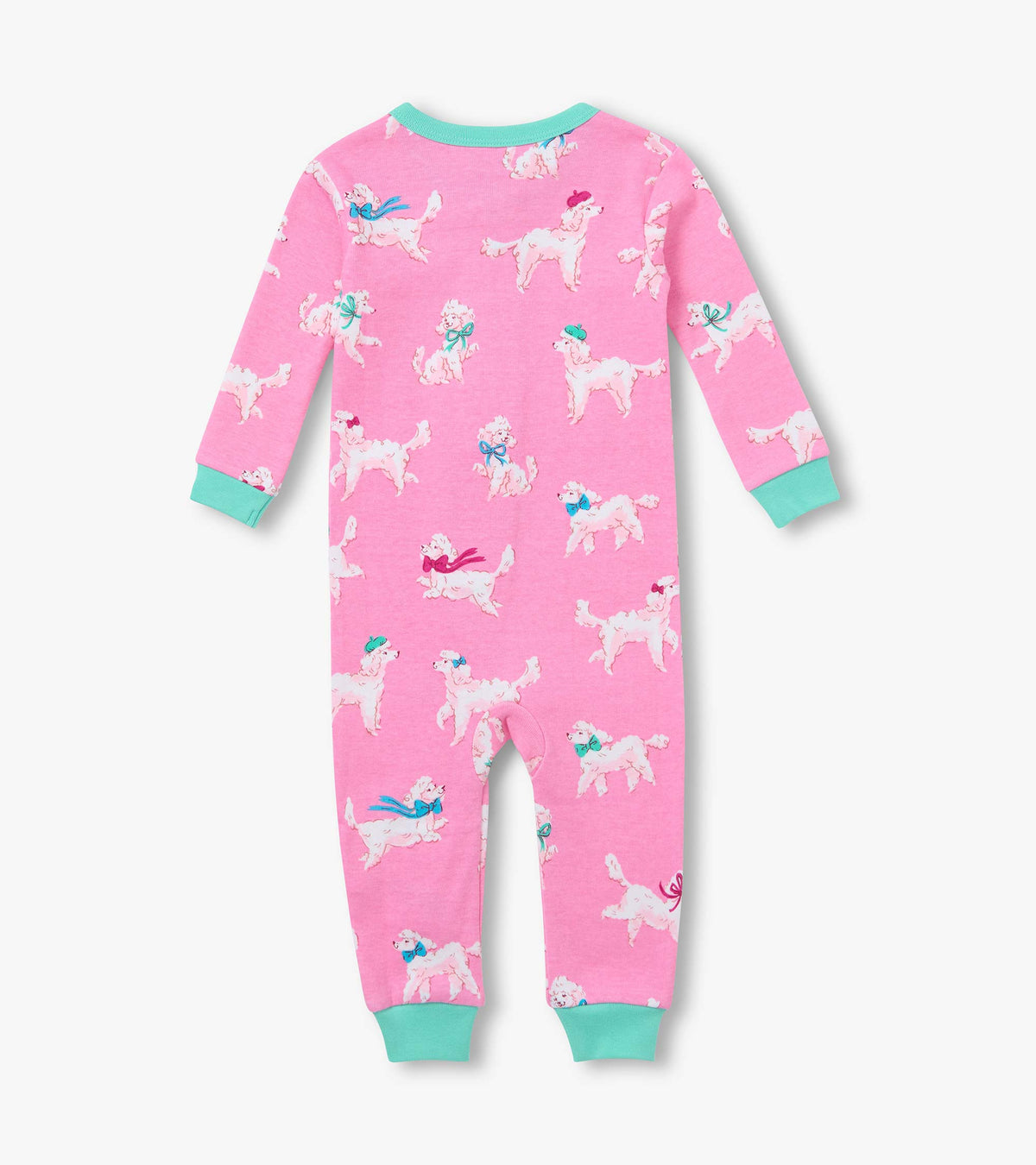 Back view of baby sleeper in pink with white poodle print, aqua neckline and cuffs, and long sleeves