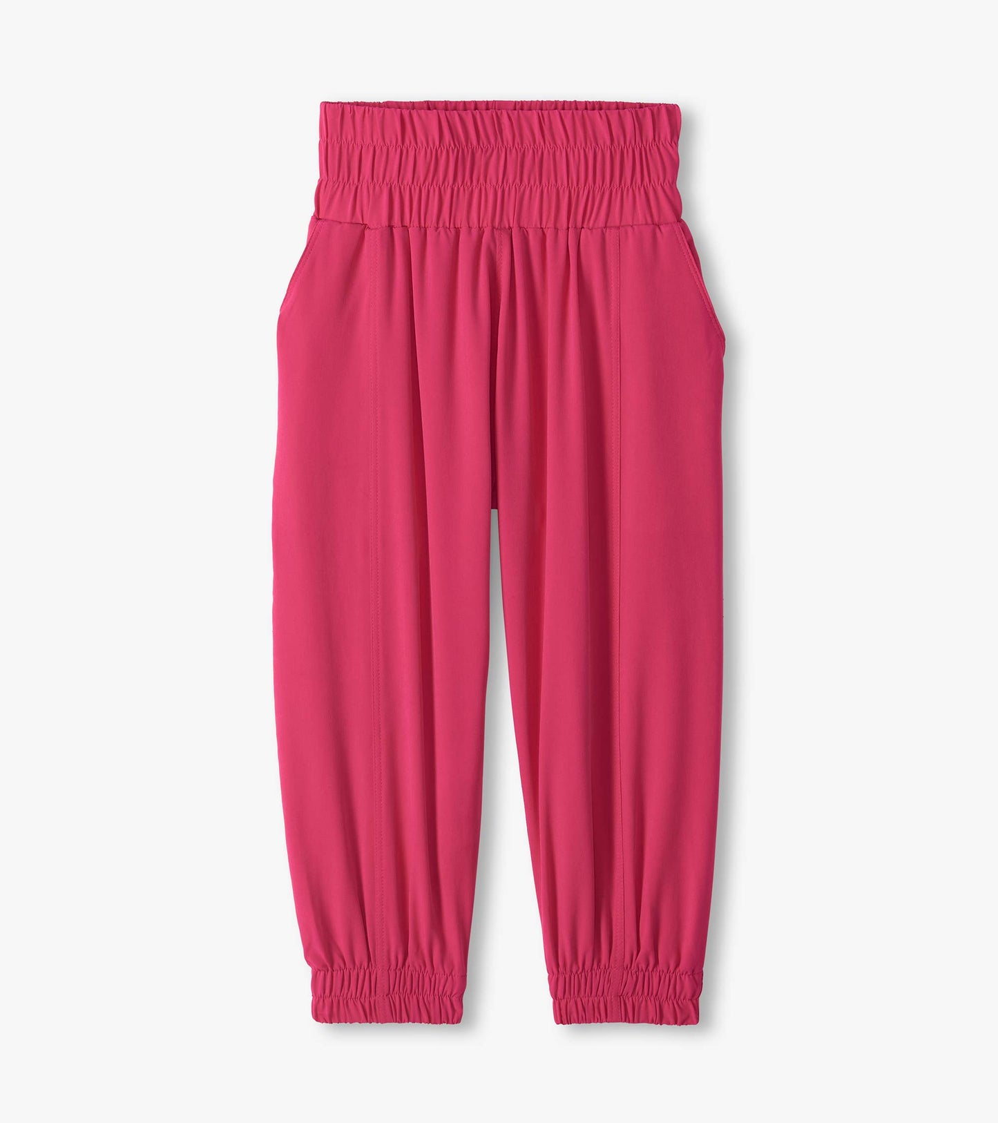 Bright pink pants with a smocked elastic waistband, side pockets, and elastic ankle cuffs