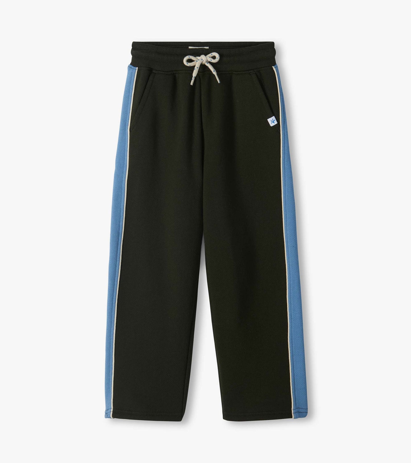 Black athletic pants with blue side panels, white piping, front pockets, and drawstring waist