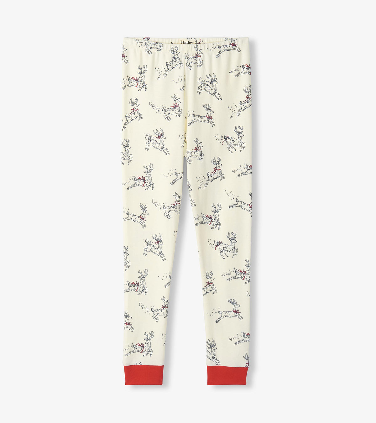 Girls cream pajama pants with leaping reindeer print and red ankle cuffs