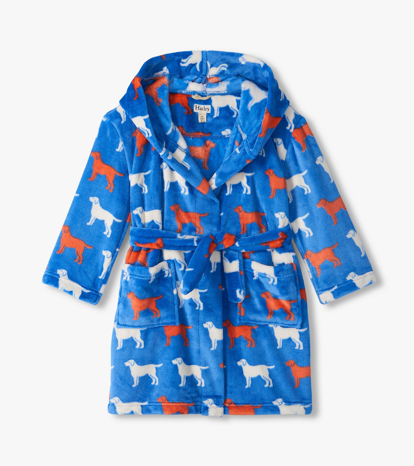 Kids blue robe with white and orange dog silhouettes, shawl collar, tie belt, and front patch pockets