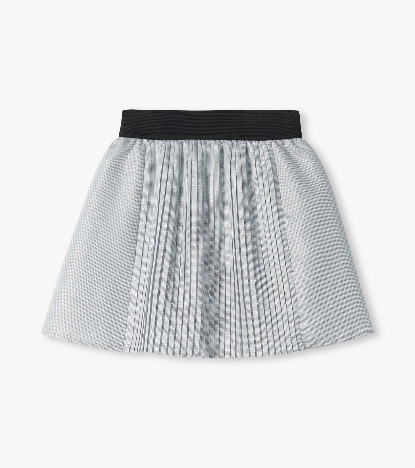Silver glitter skirt with a black elastic waistband and pleated front panel