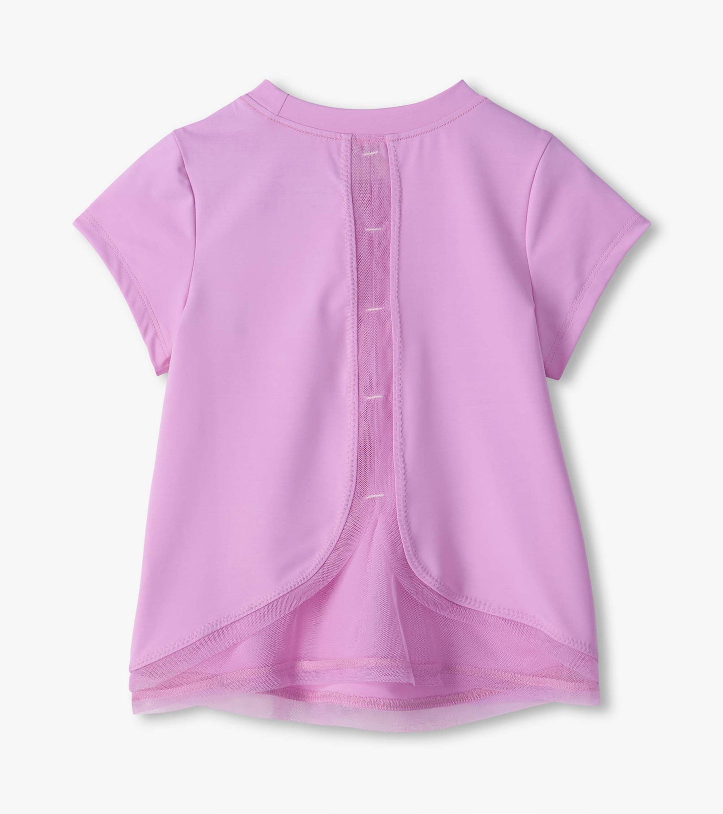 Back view of lilac short sleeve tee with center mesh panel and layered mesh hem trim