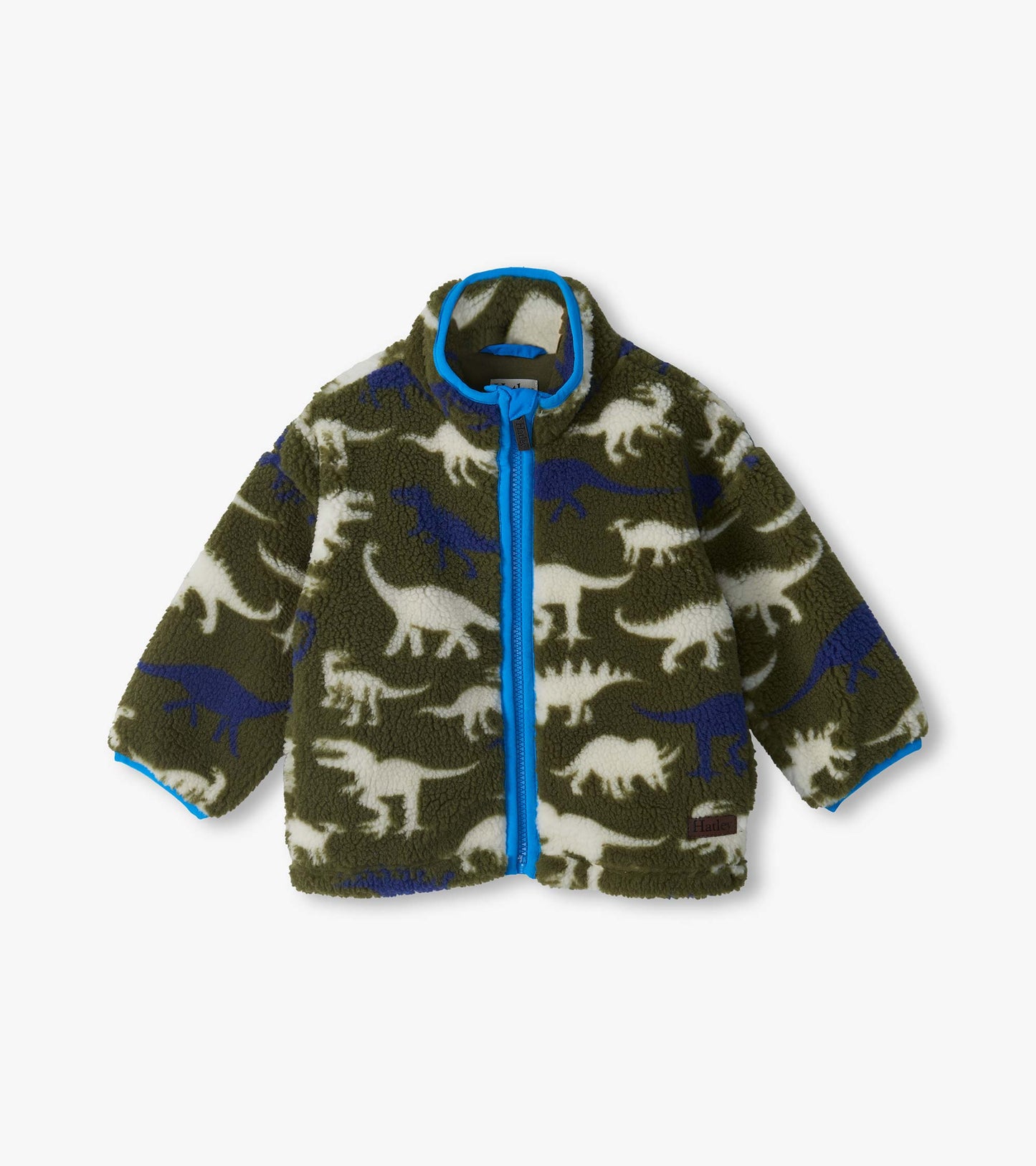 Infant zip-up jacket in olive green with white and blue dinosaur silhouettes and bright blue trim
