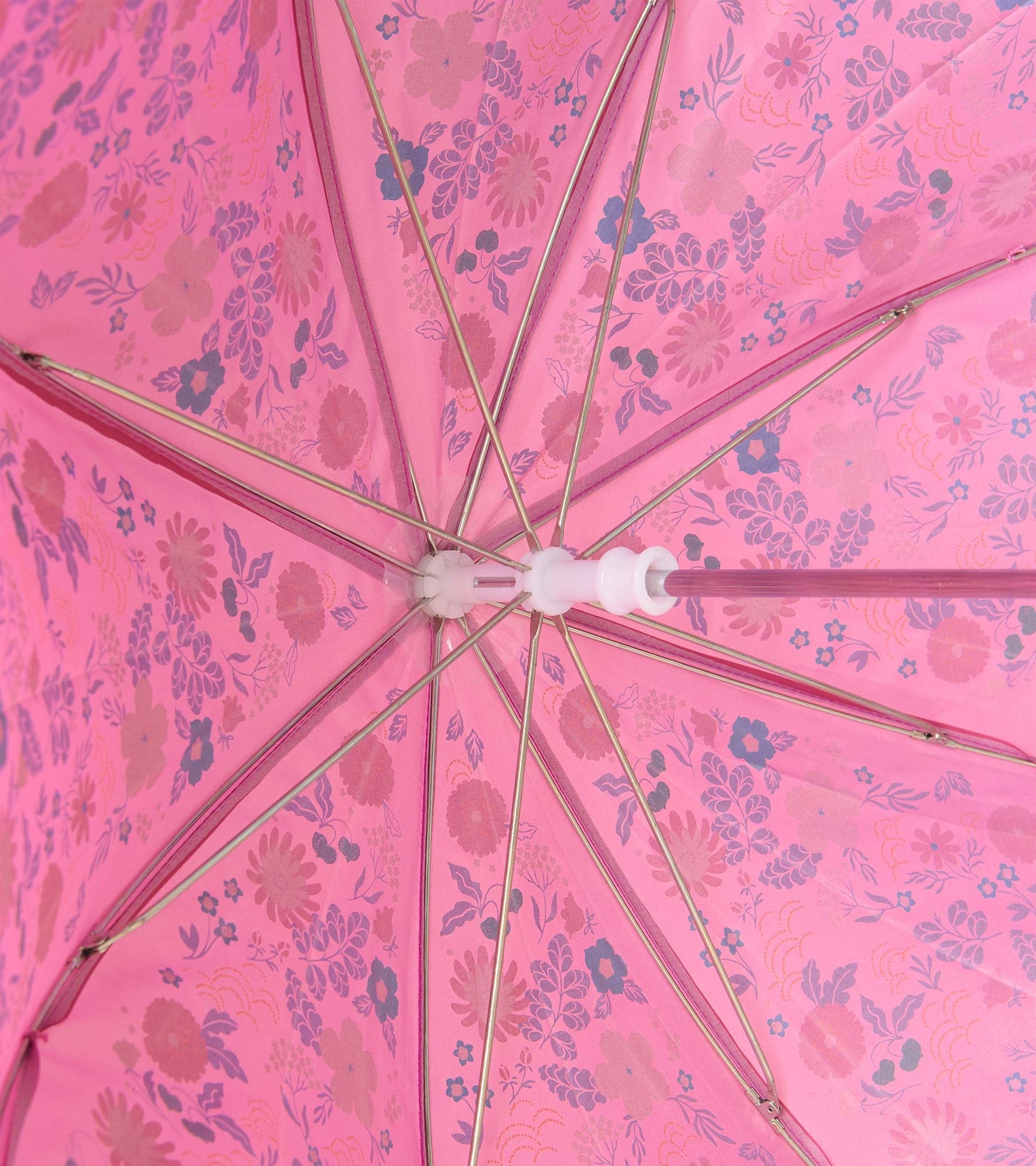 Interior view of pink umbrella showing floral print and metal ribs