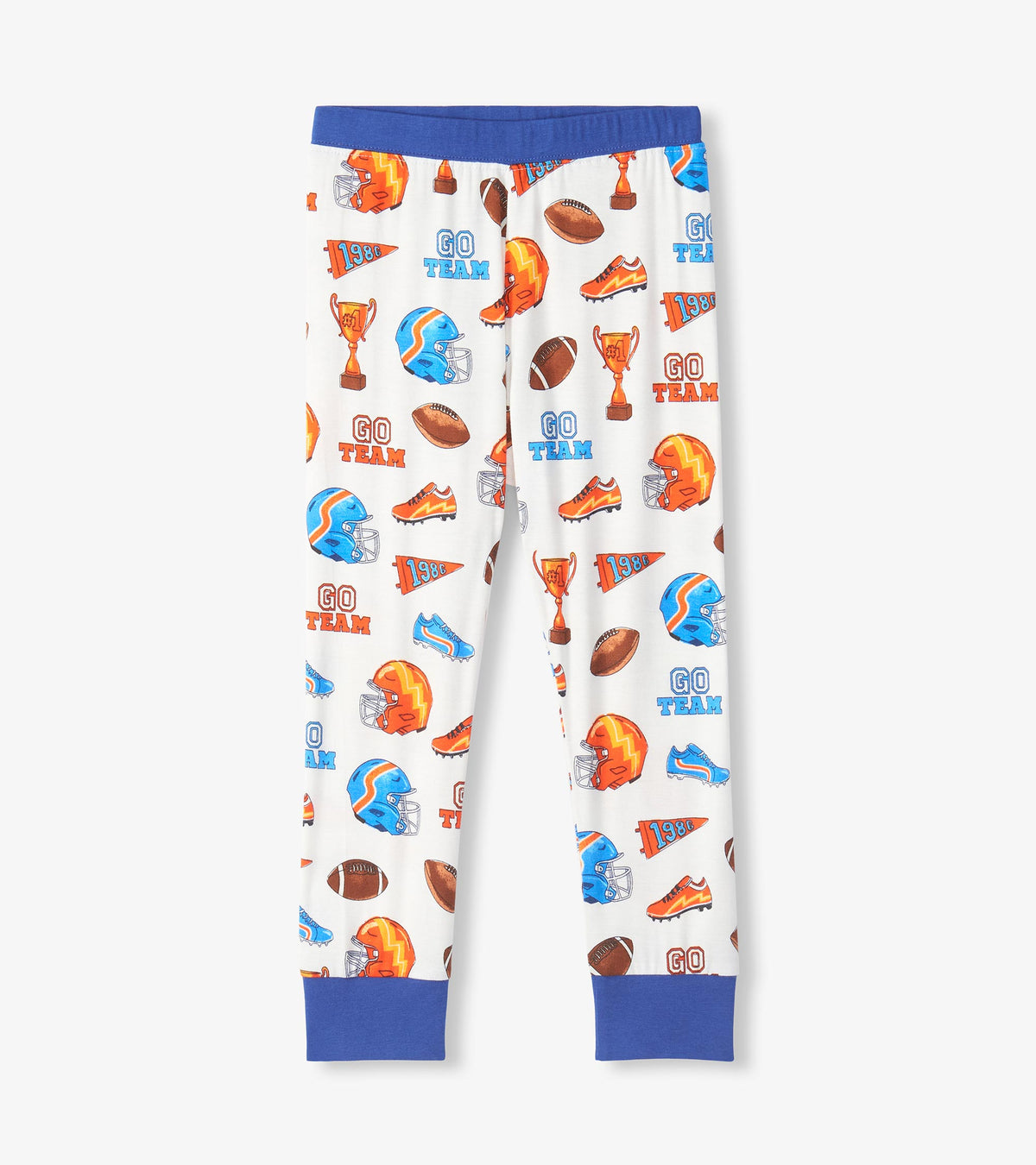 White pajama pants with football helmets, footballs, trophies, cleats and Go Team print, blue cuffs