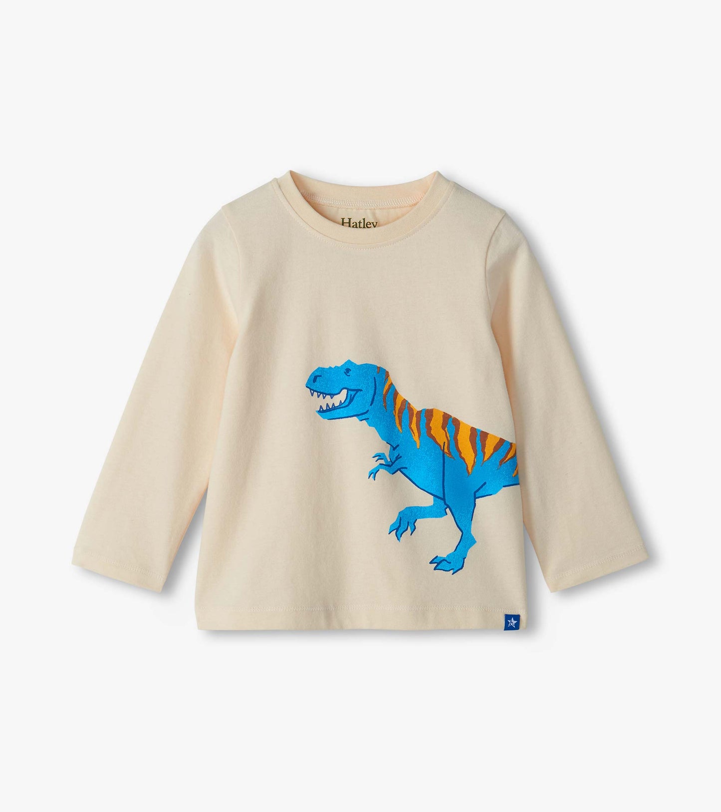 Cream long sleeve crew neck tee with large blue T-Rex graphic and orange stripes on the front