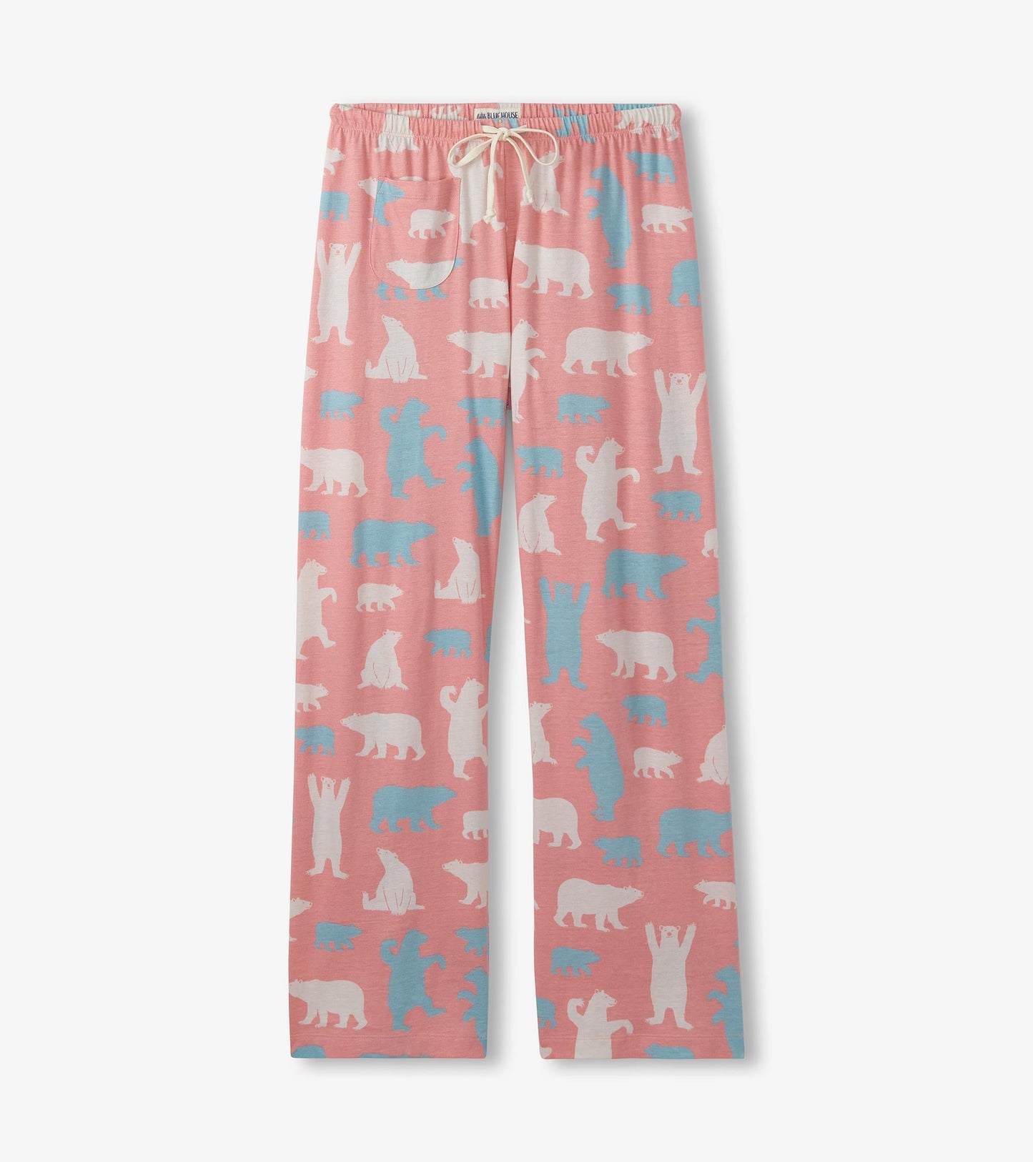 Pink cotton pyjama pants featuring a playful polar bear pattern in white and blue, with an elastic waistband and drawstring.