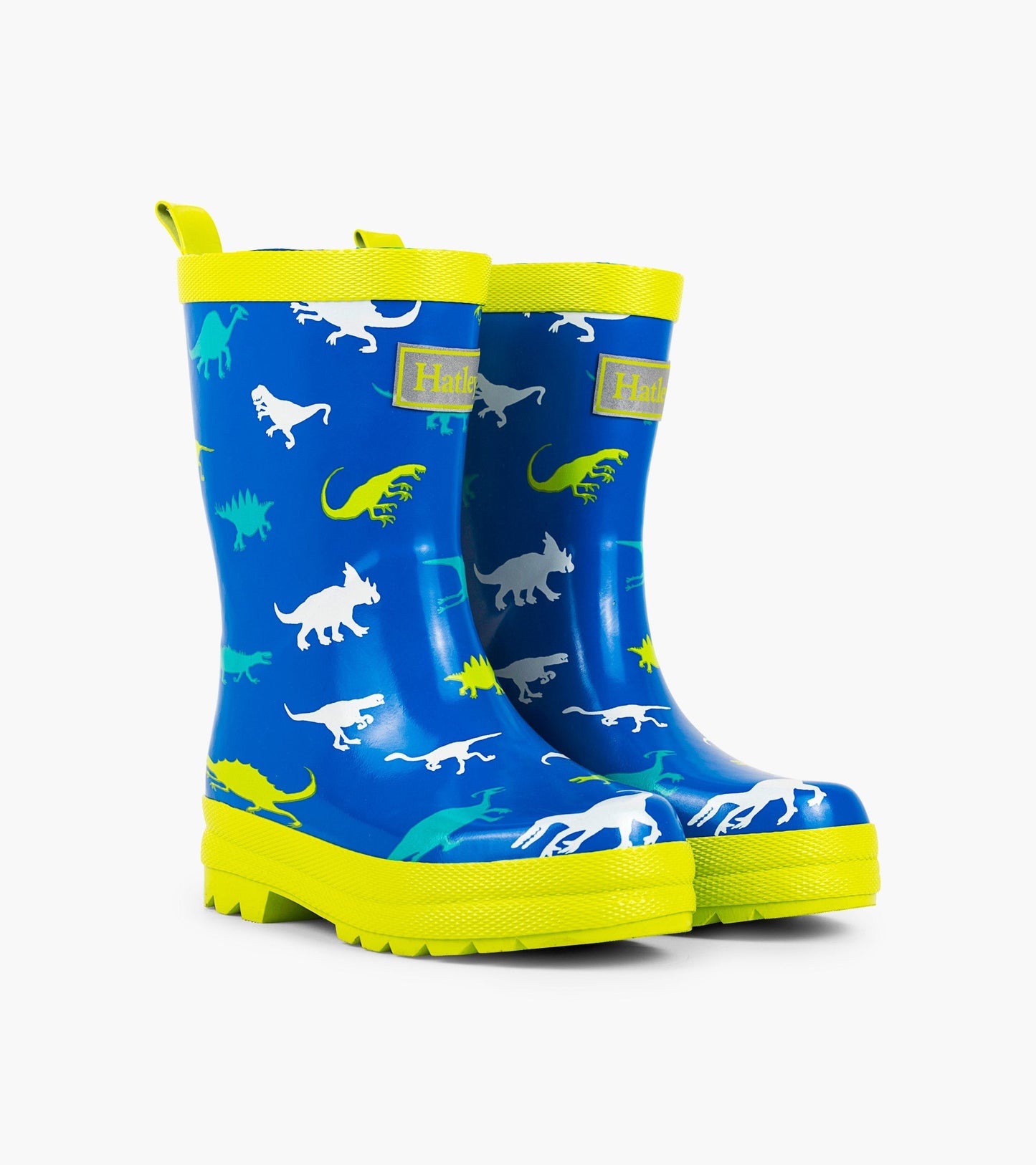 Blue dinosaur-patterned wellies with bright yellow soles and trim, designed for kids.