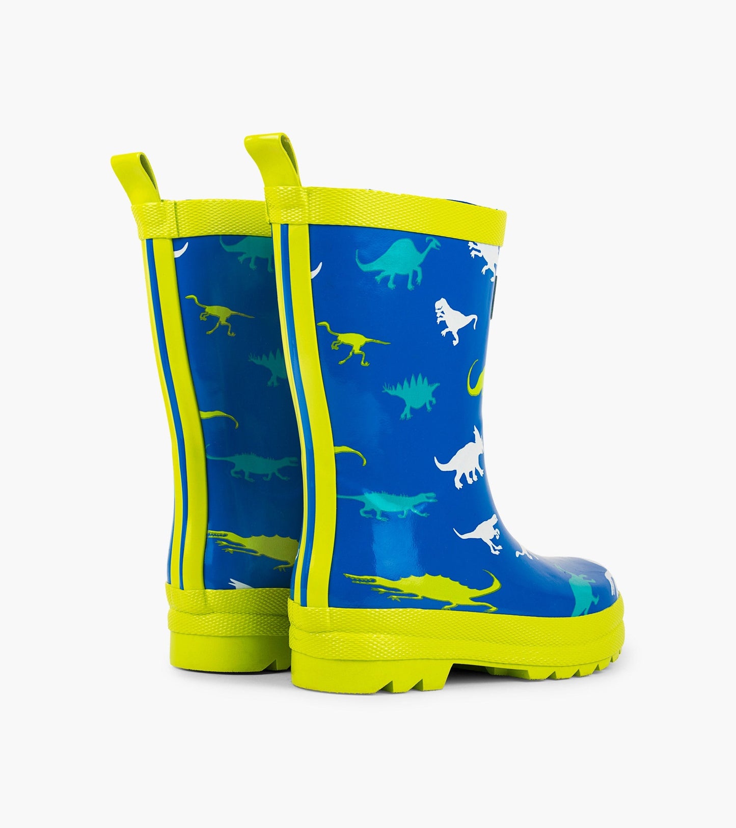 Blue dinosaur-patterned wellies with bright yellow accents and textured soles, suitable for kids.