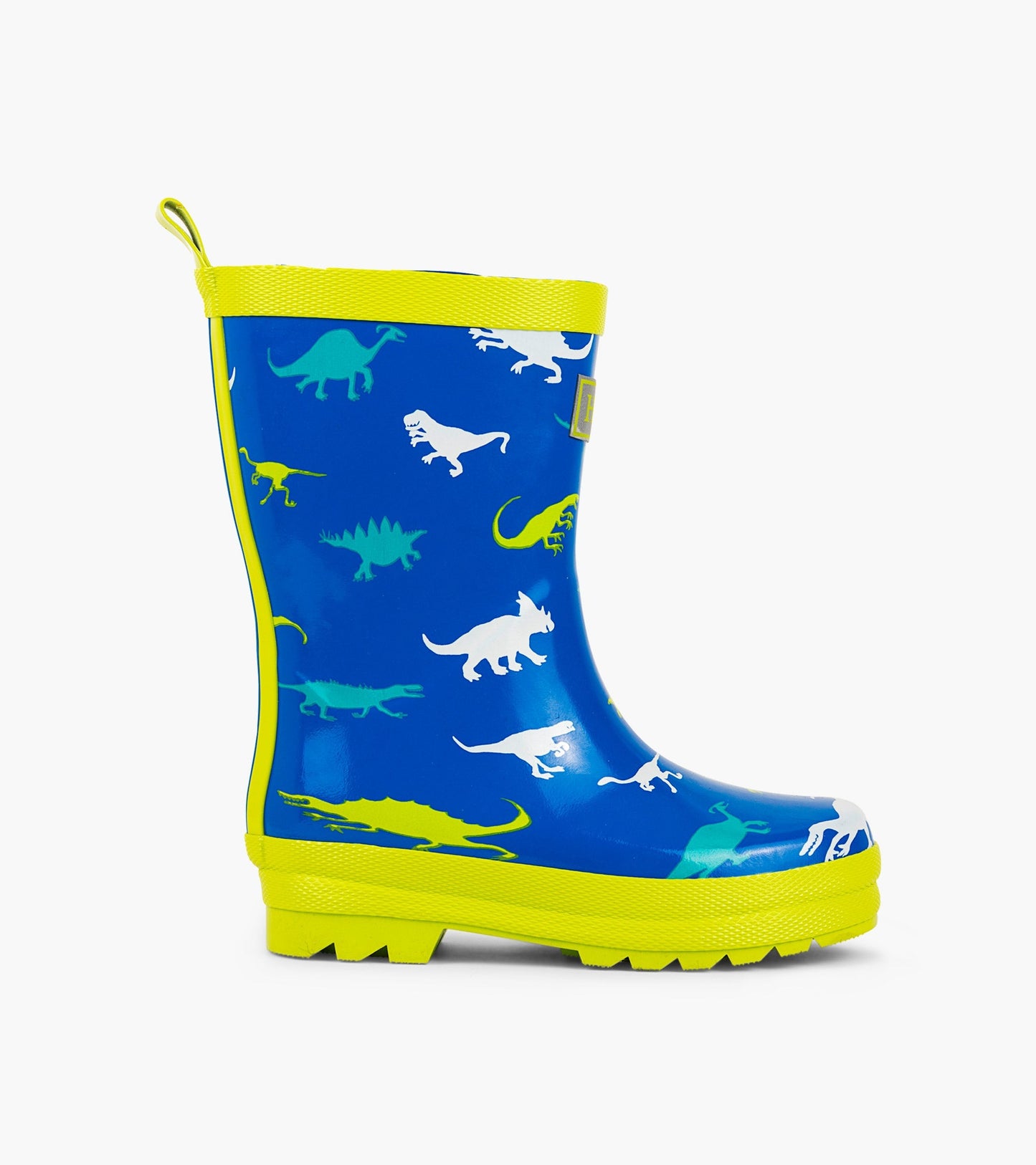 Blue waterproof wellies featuring colorful dinosaur patterns and a bright yellow trim, designed for kids.