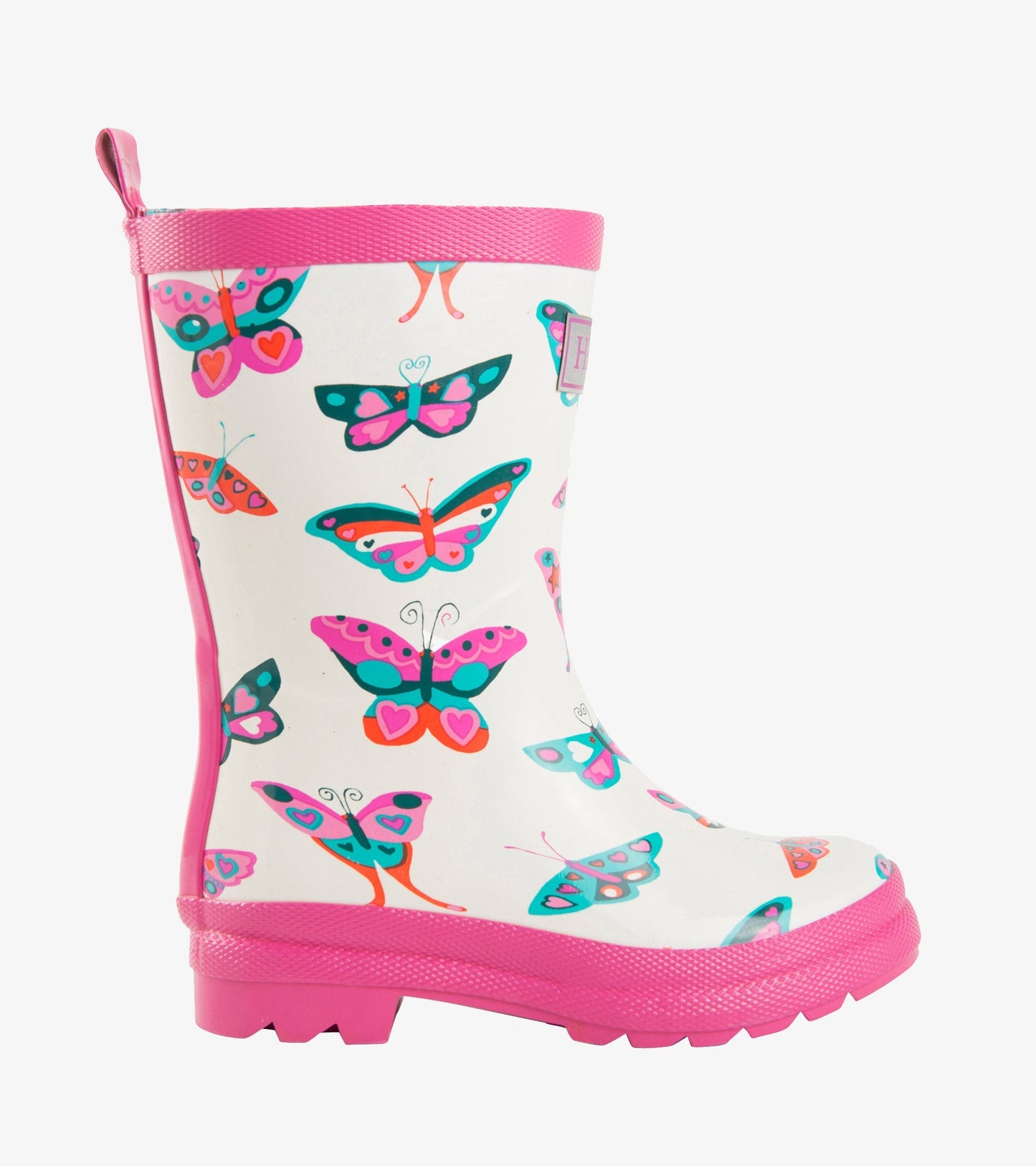 White wellies featuring colorful butterfly patterns and a pink sole, designed for kids.