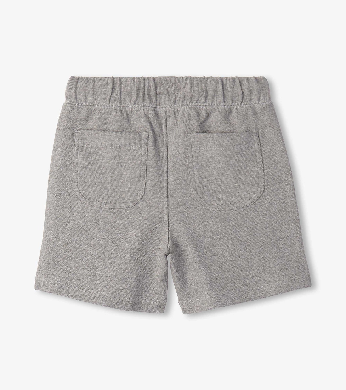 Grey boys athletic shorts with elastic waistband and back patch pockets, back view