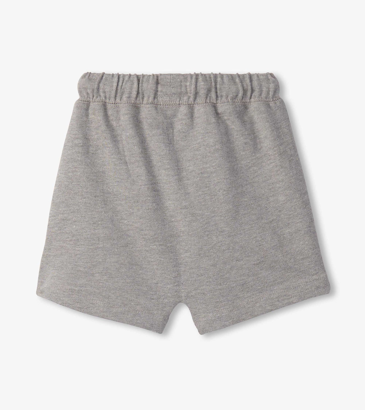 Light grey knit toddler shorts with elastic waistband, front view